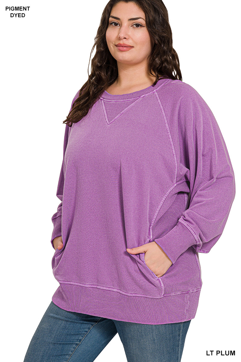 Zenana French Terry Light Plum Pigment Dyed Sweatshirt w/ POCKETS