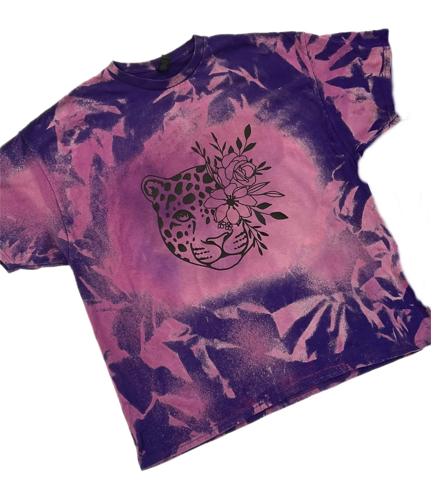 Custom Made Tee - Reverse Tie Dye Cheetah Leopard with Florals