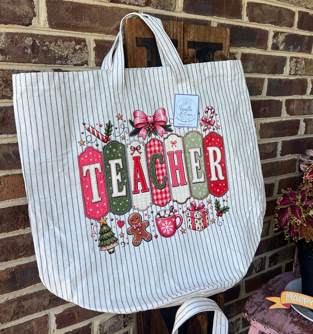 Teacher Pinstripe Large Tote