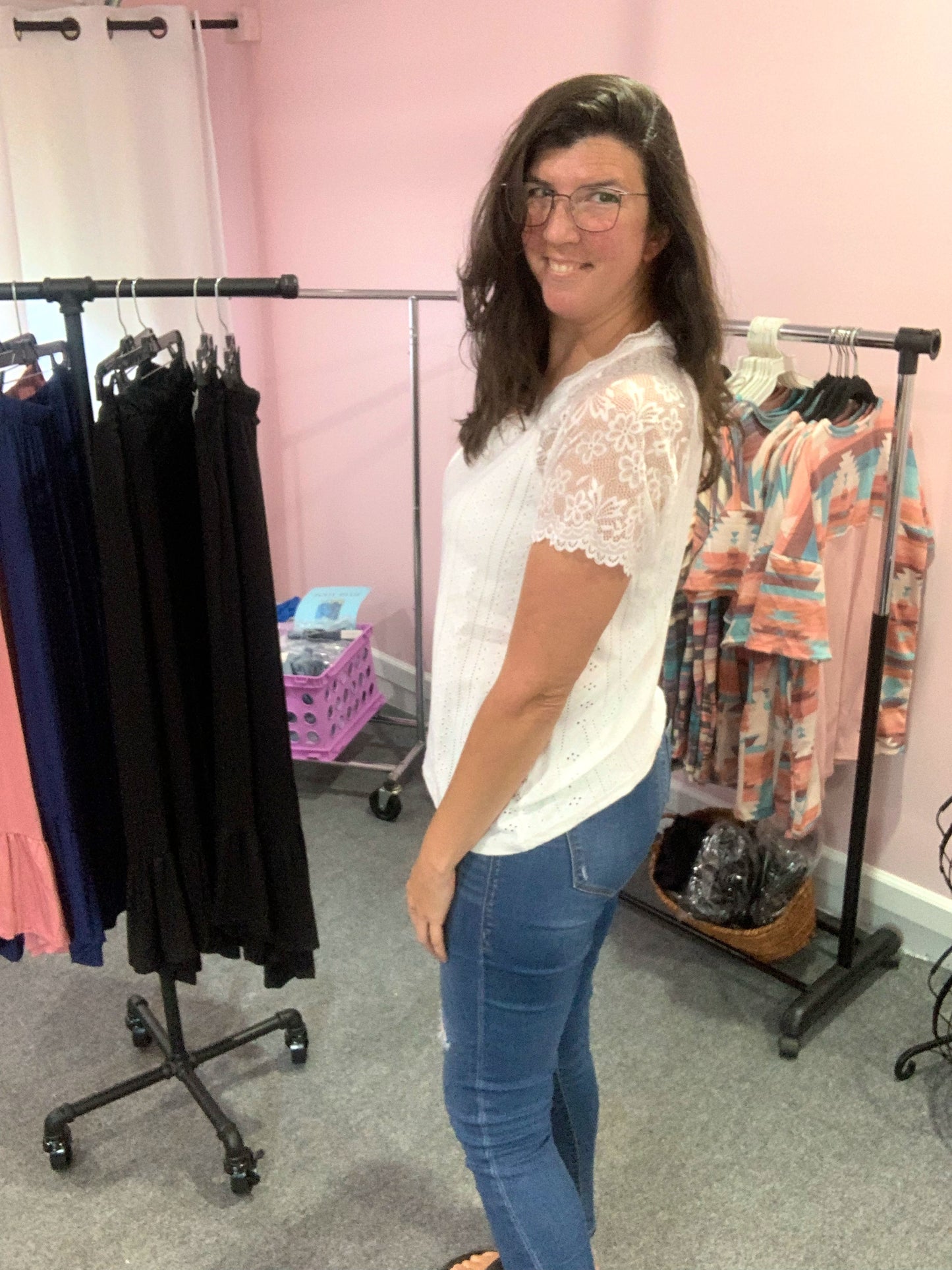Lace Pointelle V neck Romantic Top