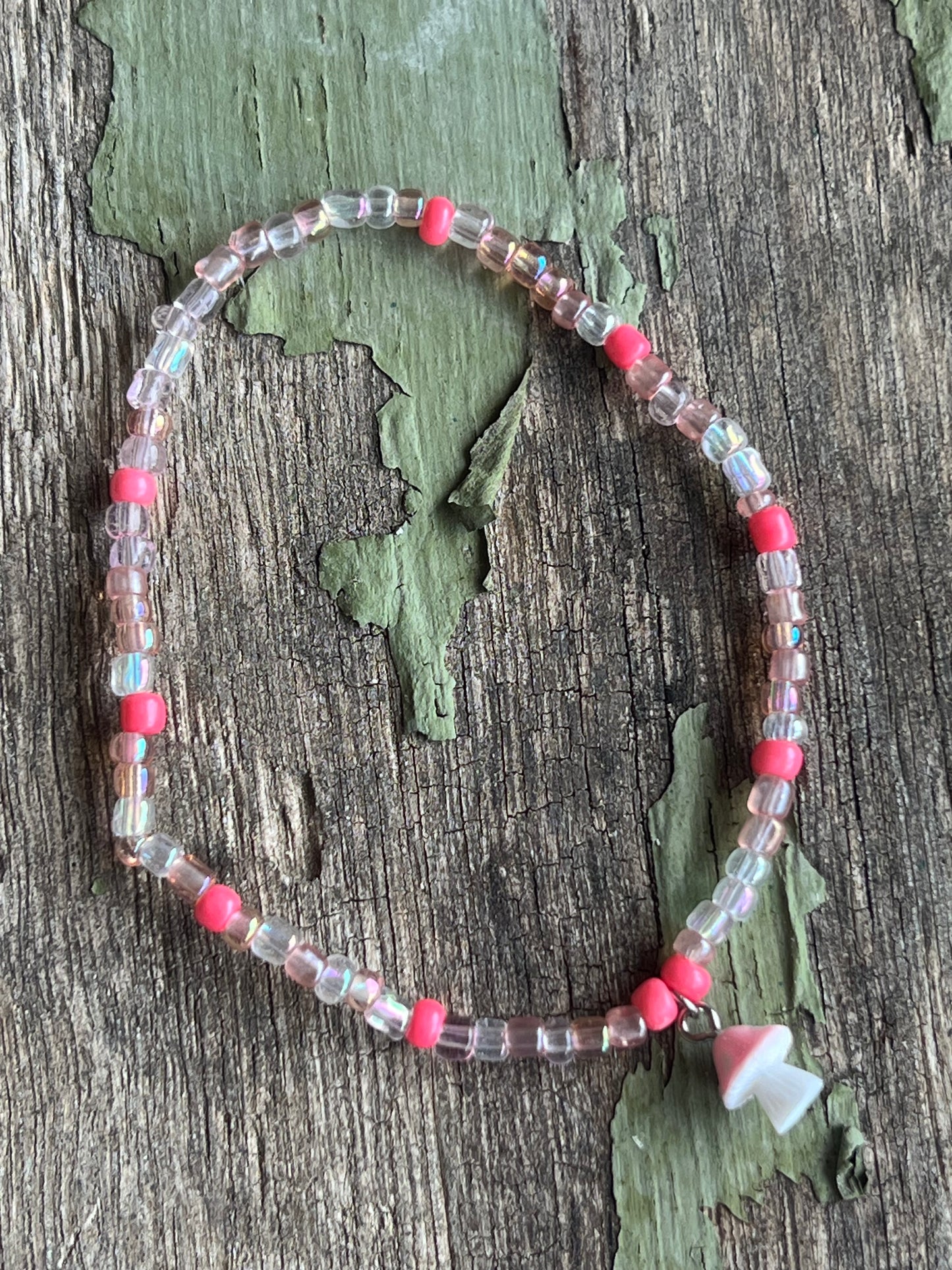 Handmade Pink & White Mushroom Anklet - Medium