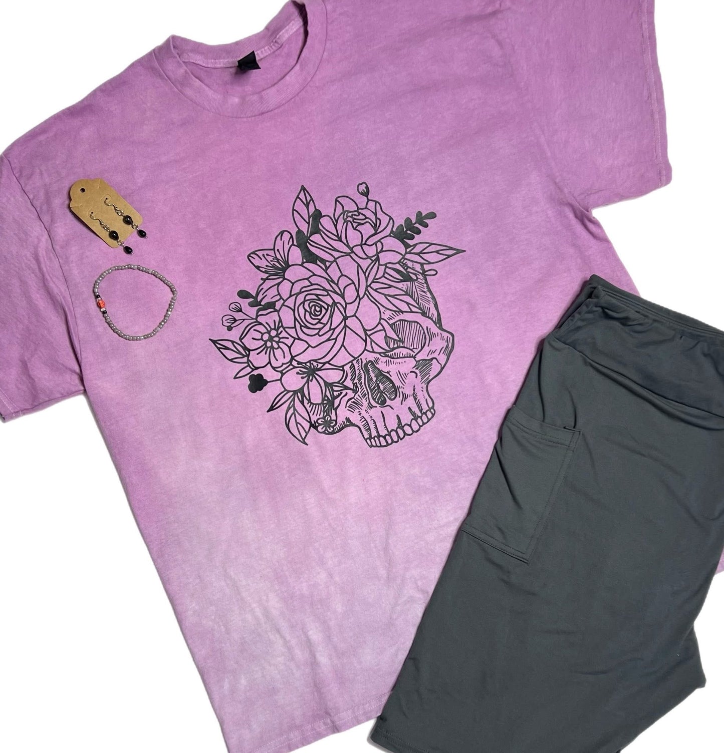 Hand Dyed Floral Skull Custom Made T-Shirt