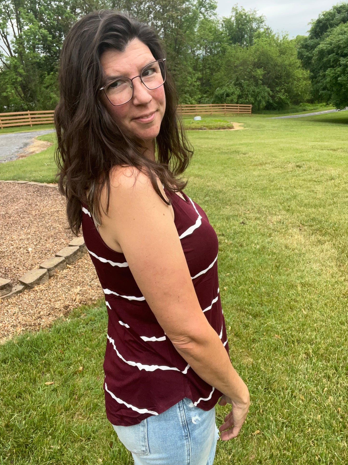 Zenana Burgundy & White Striped Tank Too