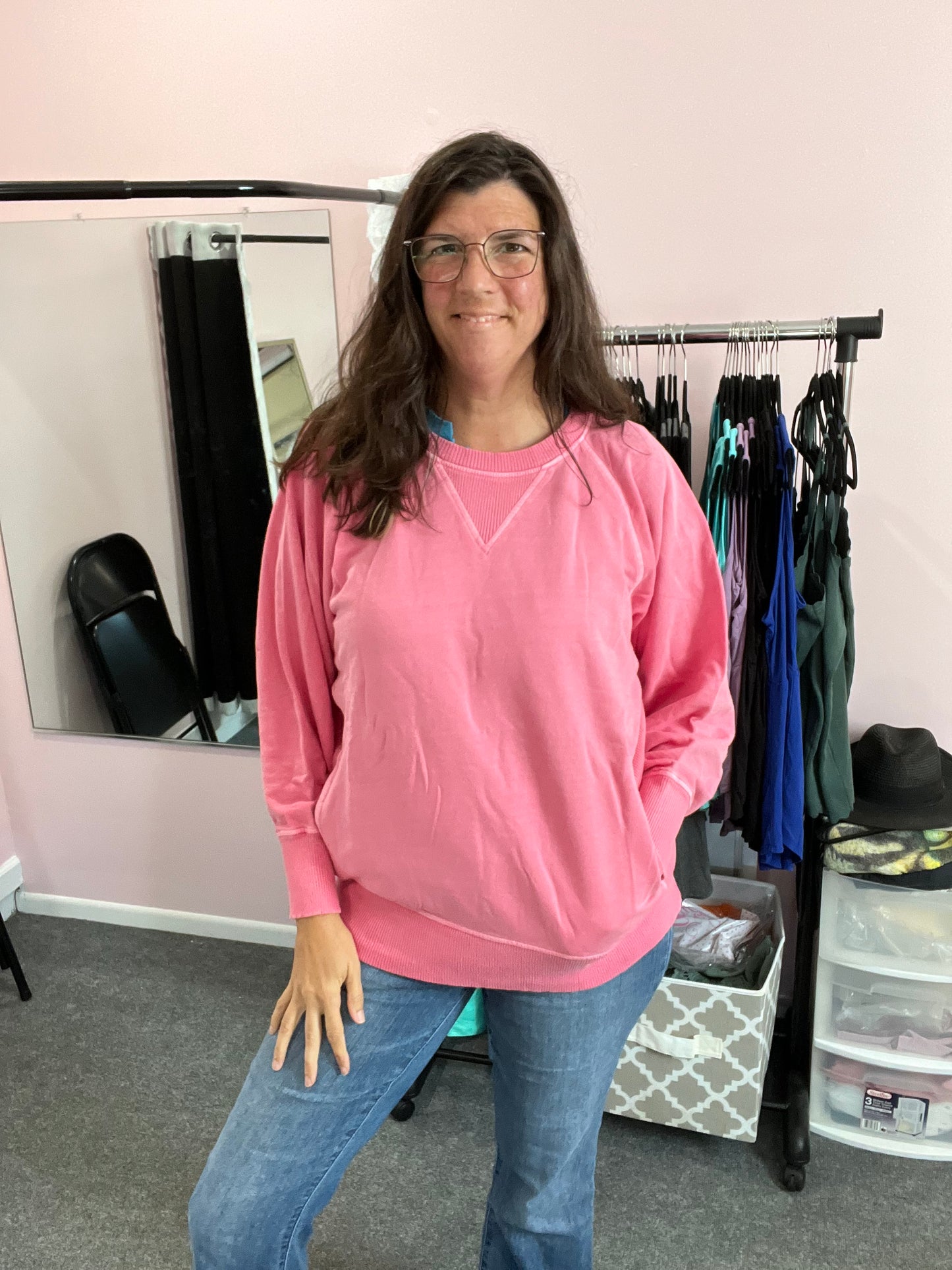 Zenana French Terry Pink Pullover Sweatshirt