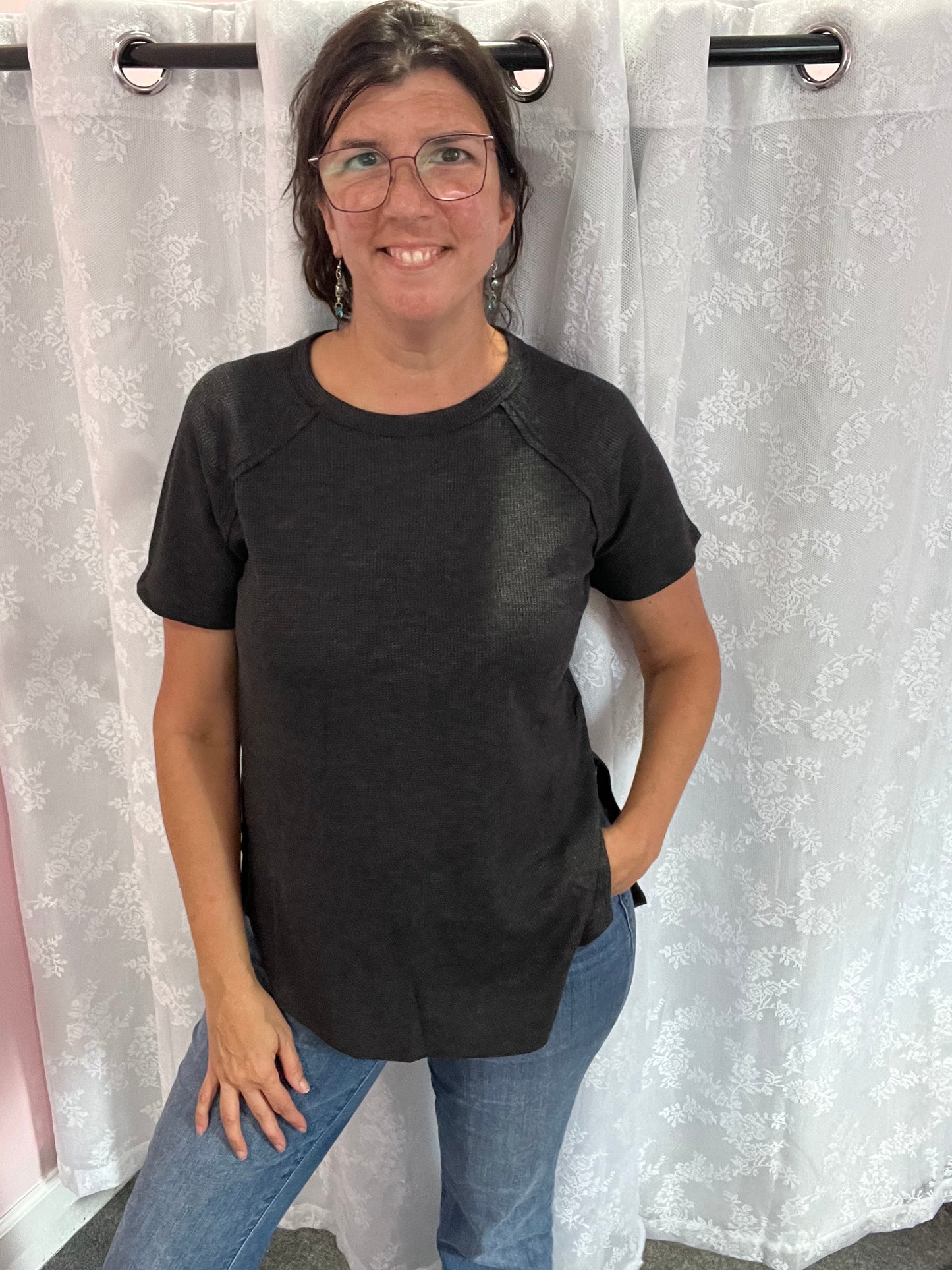 Zenana Melange Waffle Top - Black