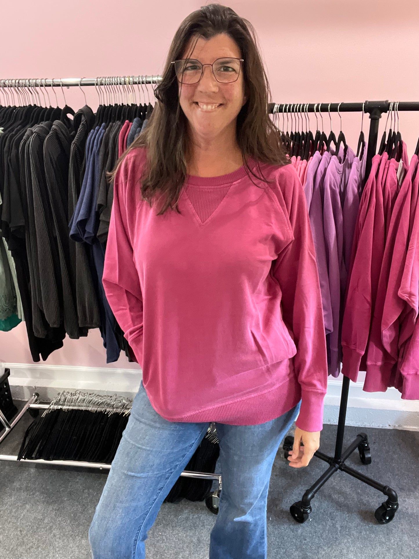 Zenana French Terry Sweatshirt in Wine Color with POCKETS