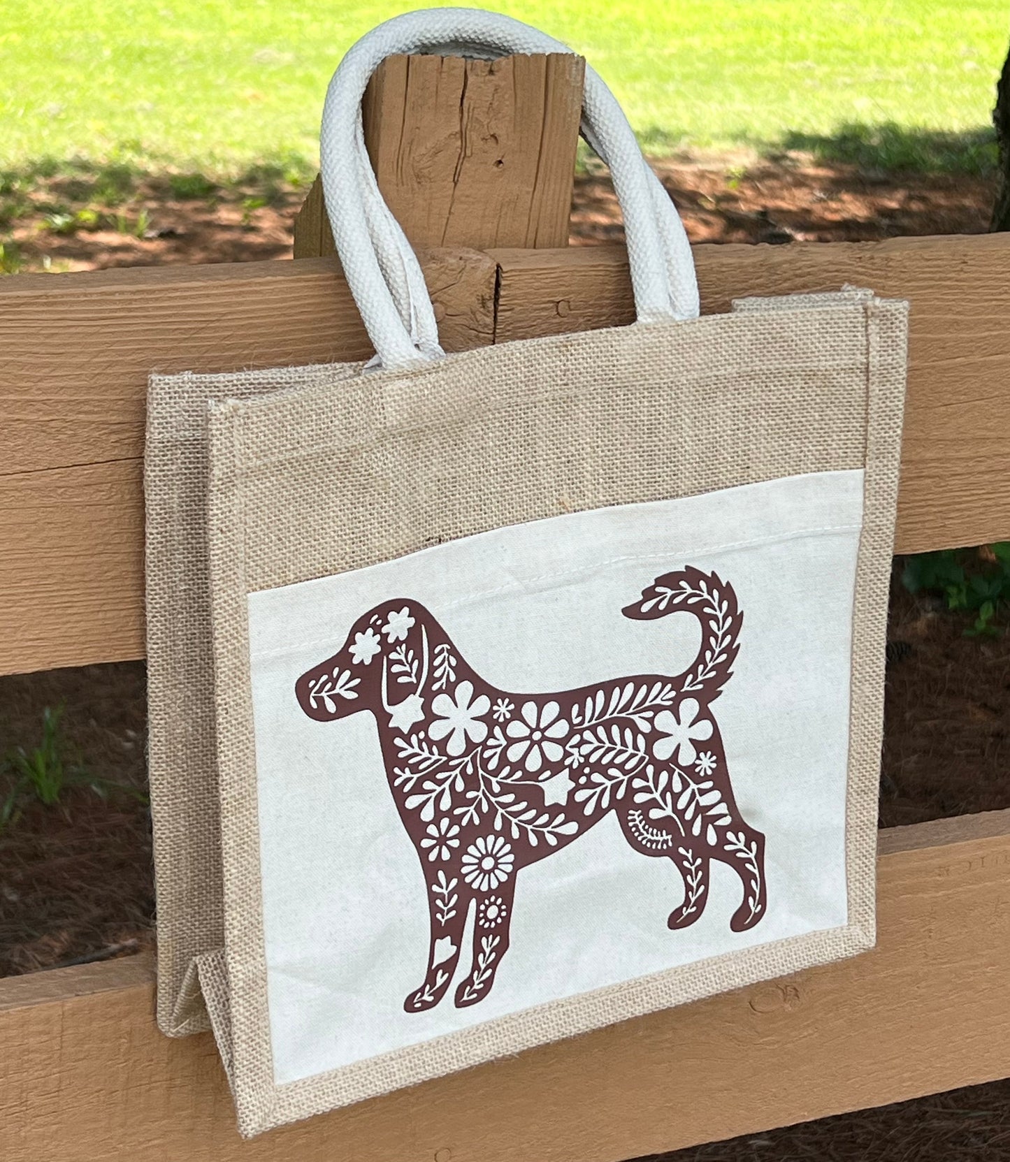 Floral Dog Lovers Jute & Canvas Tote