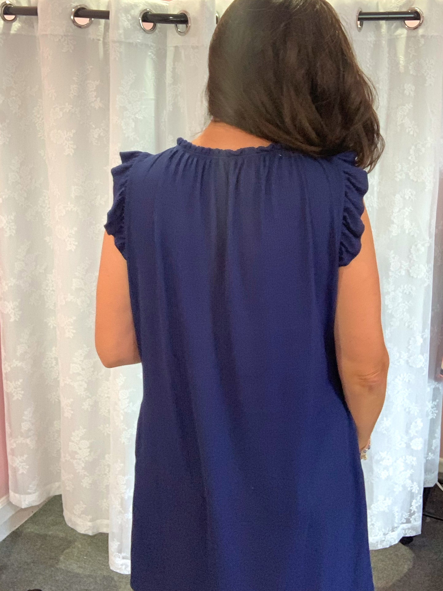Navy Flutter Sleeve Dress In Stock