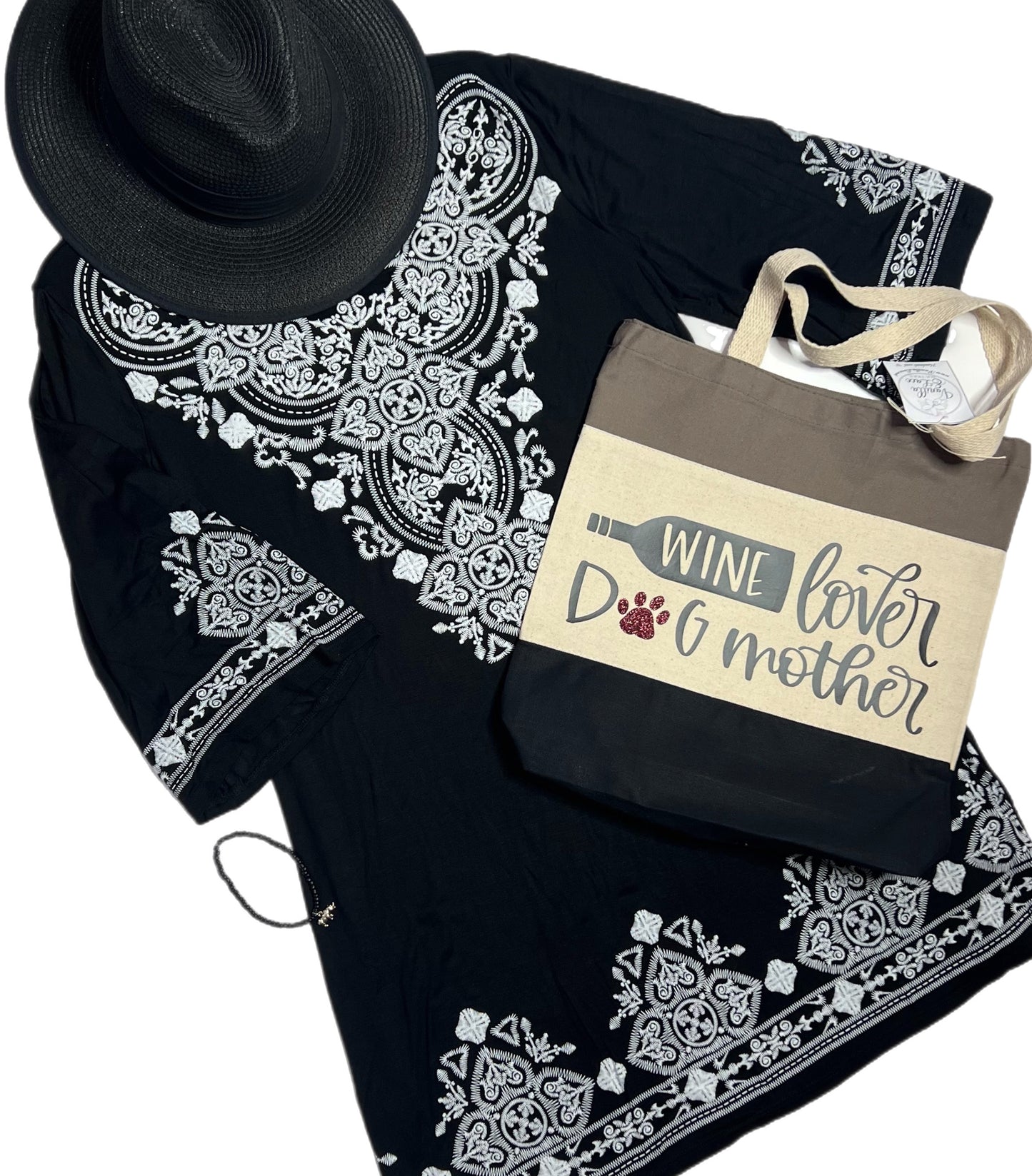 Black & White Damask 3/4 Sleeve Dress