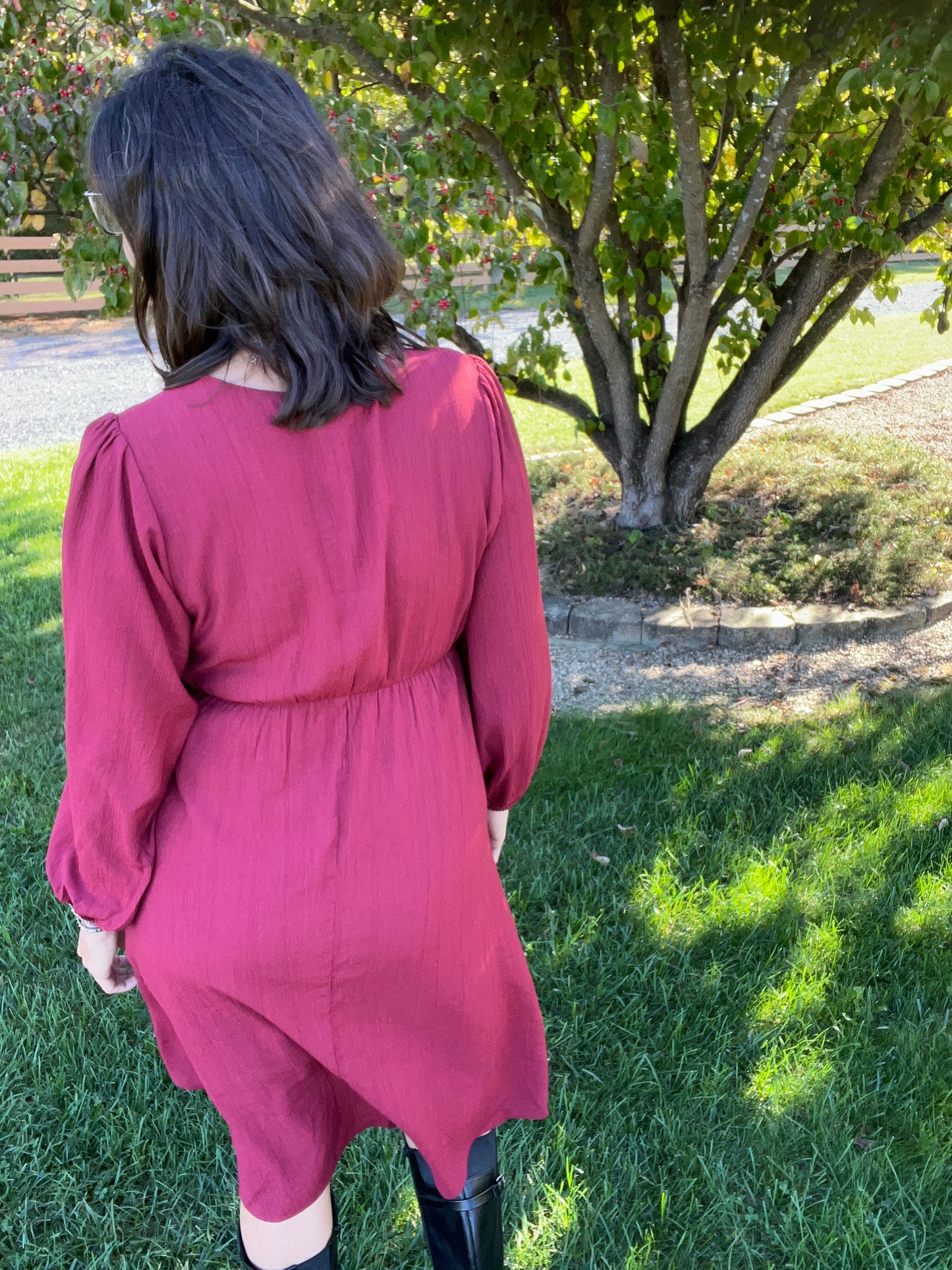 Faux Wrap Merlot Red Long Sleeve Dress