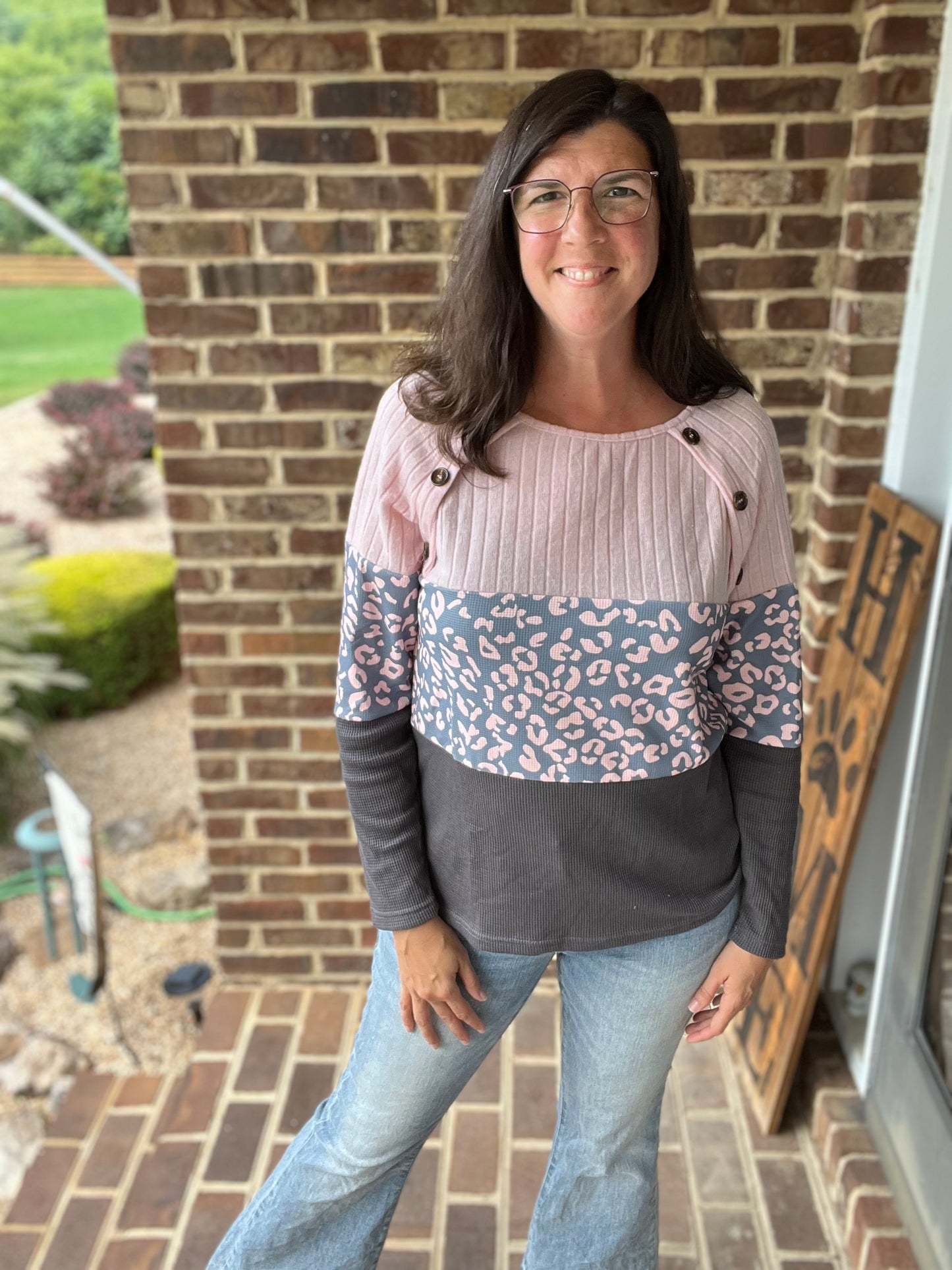 Leopard Grey & Pink Button Sweater