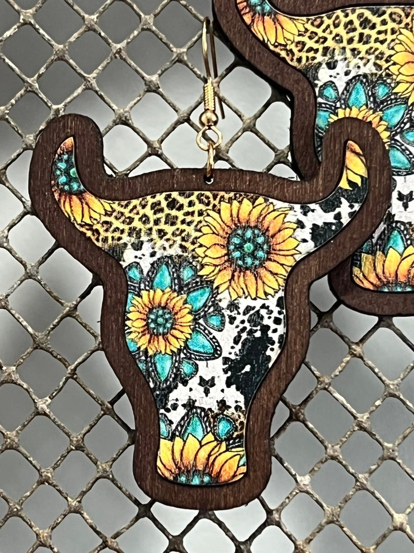 Wooden Sunflower Cow Earrings