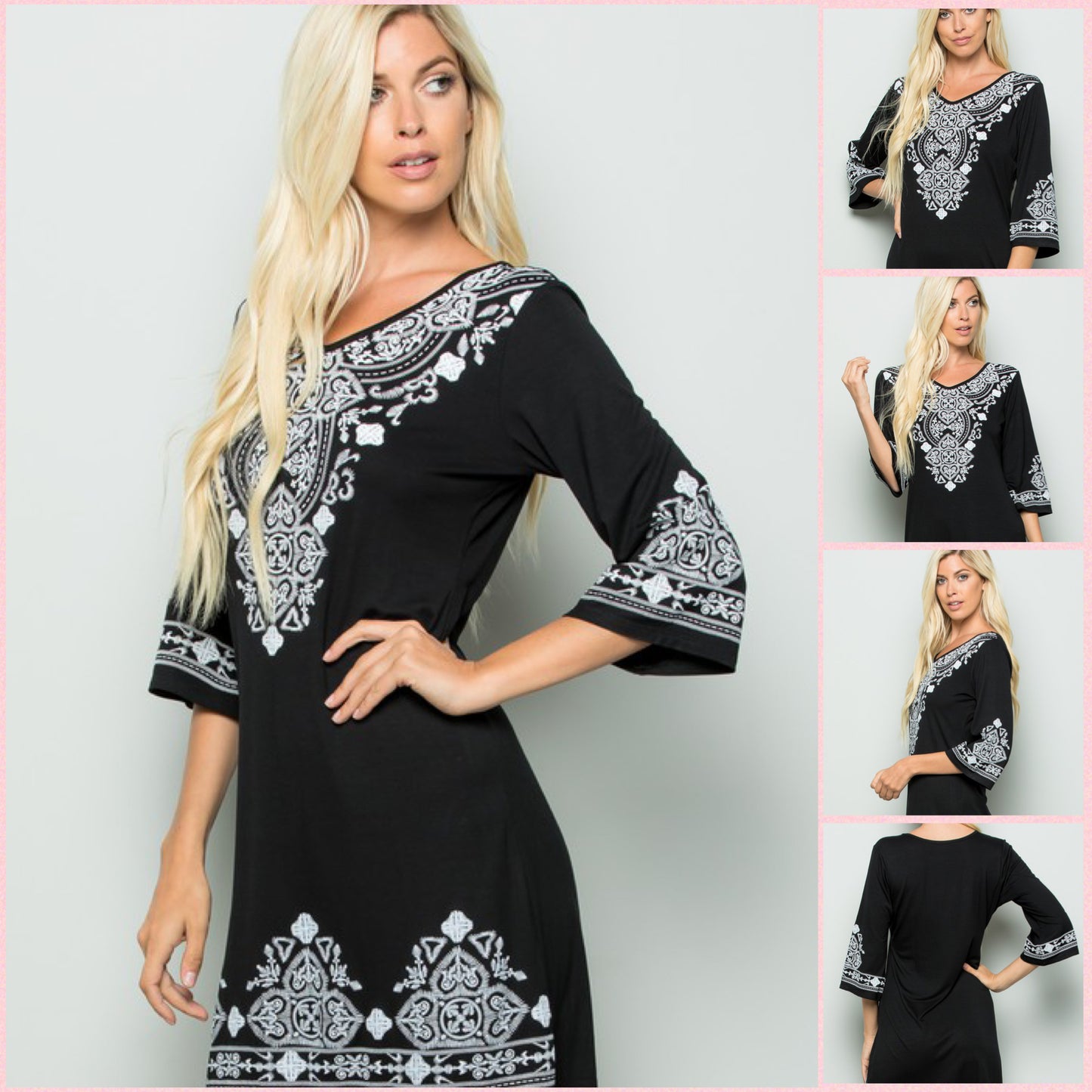 Black & White Damask 3/4 Sleeve Dress