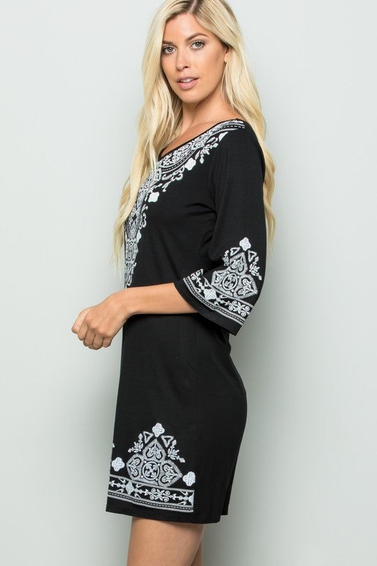 Black & White Damask 3/4 Sleeve Dress