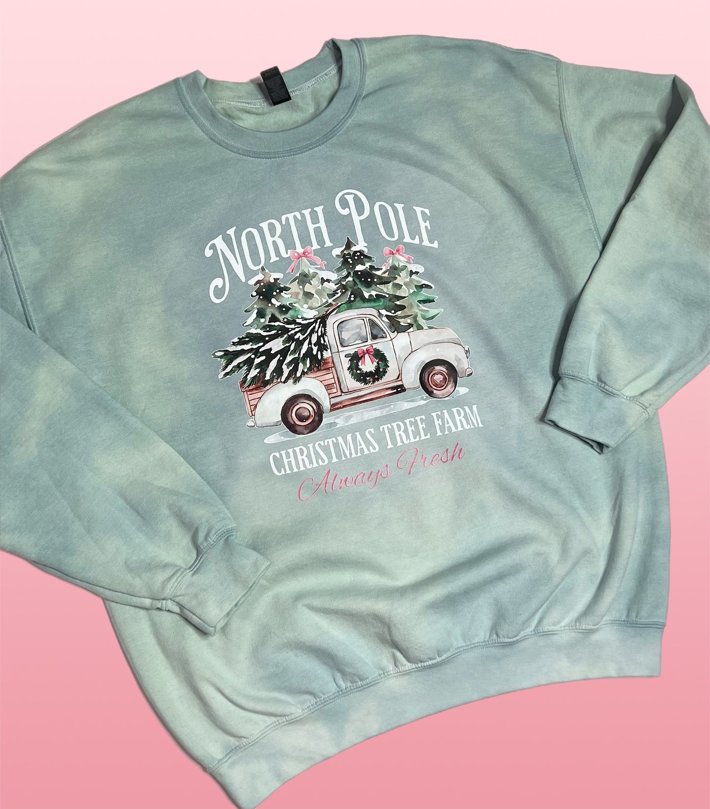 Christmas Sweatshirt- Hand Dyed with North Pole Christmas Tree Farm Design