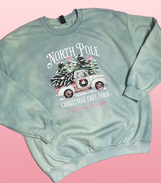 Christmas Sweatshirt- Hand Dyed with North Pole Christmas Tree Farm Design