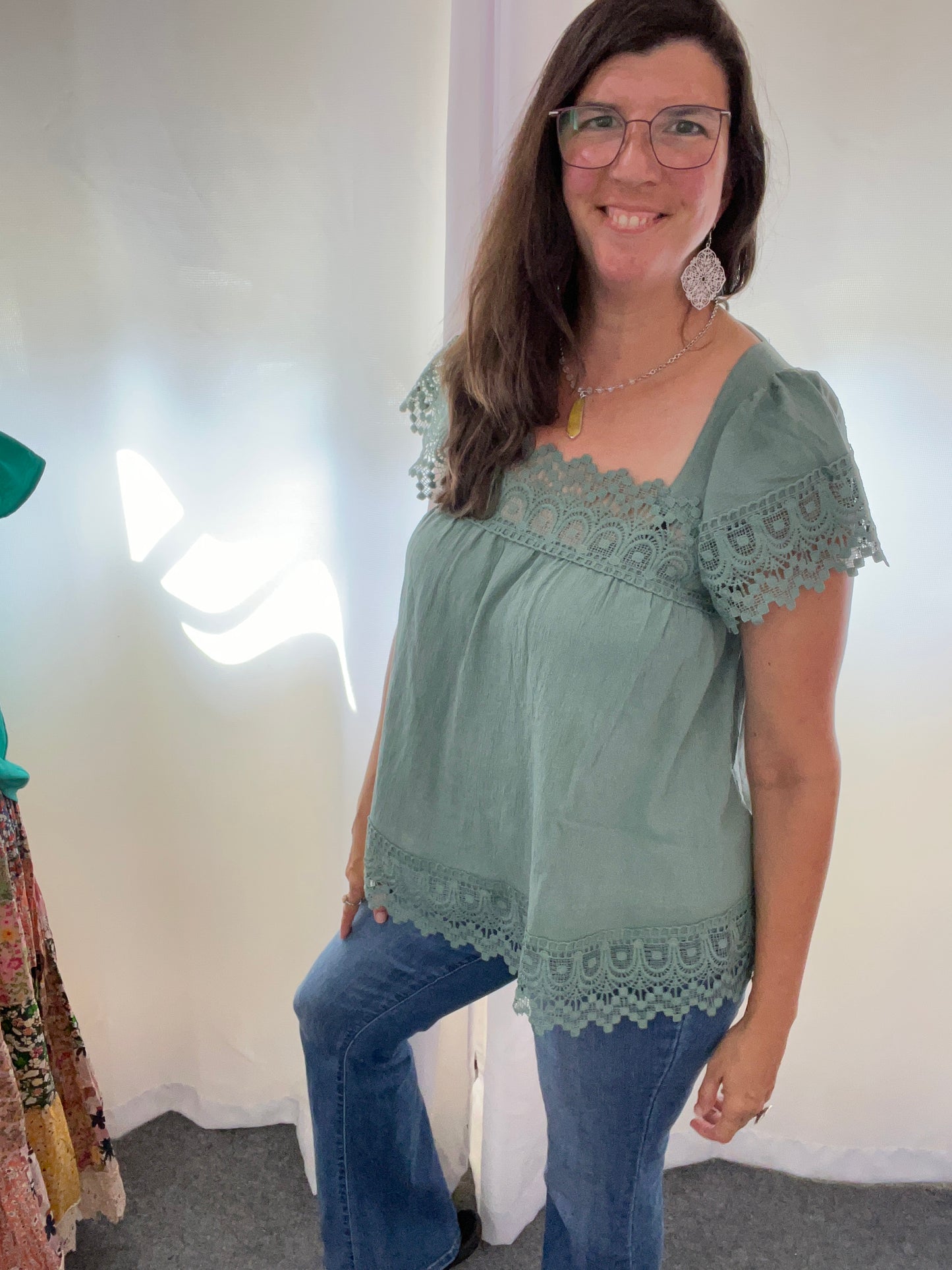 Square Neck Deep Sage Lace Blouse
