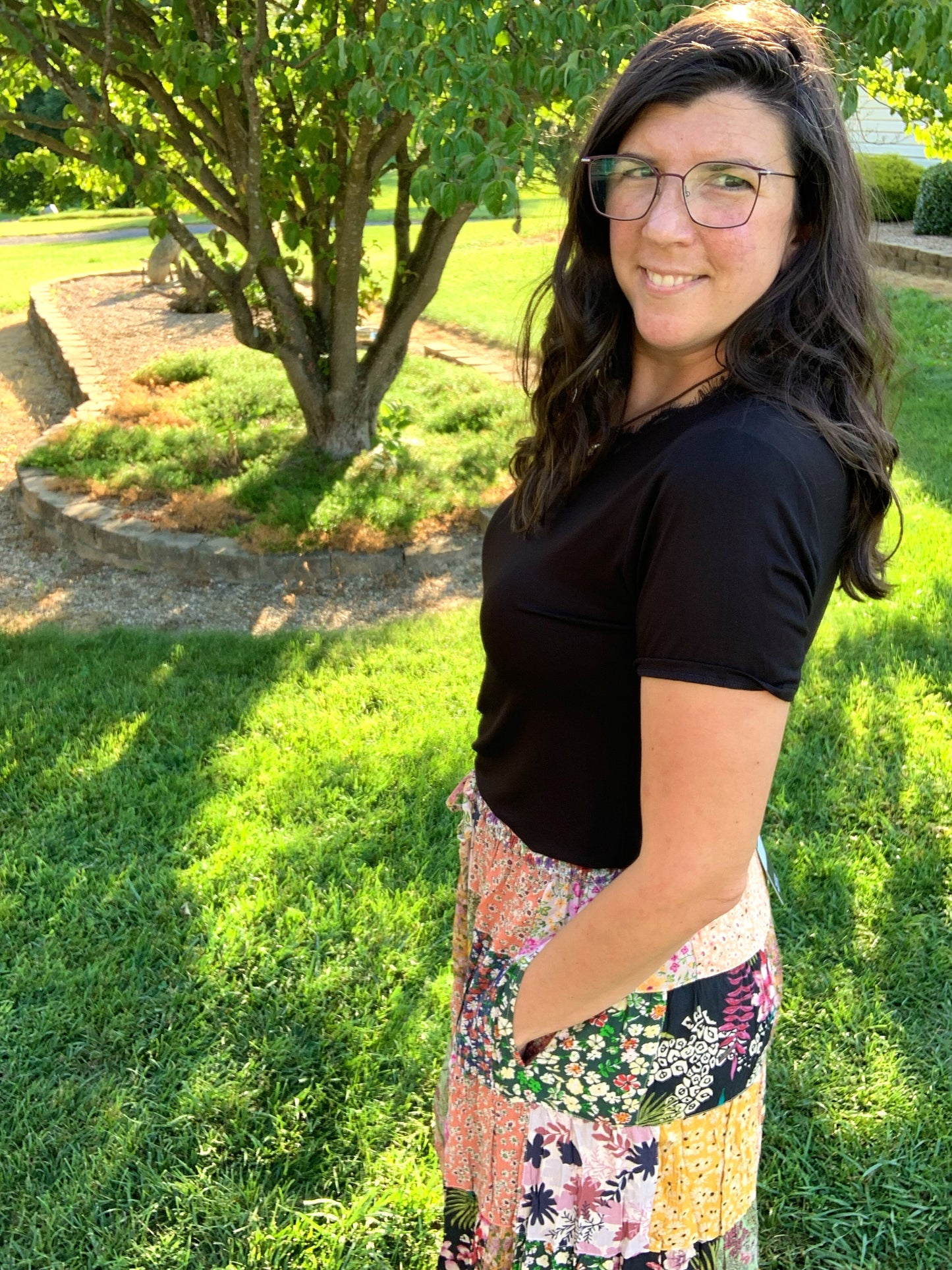 Patchwork Tiered Lace Trimmed Skirt w/ POCKETS