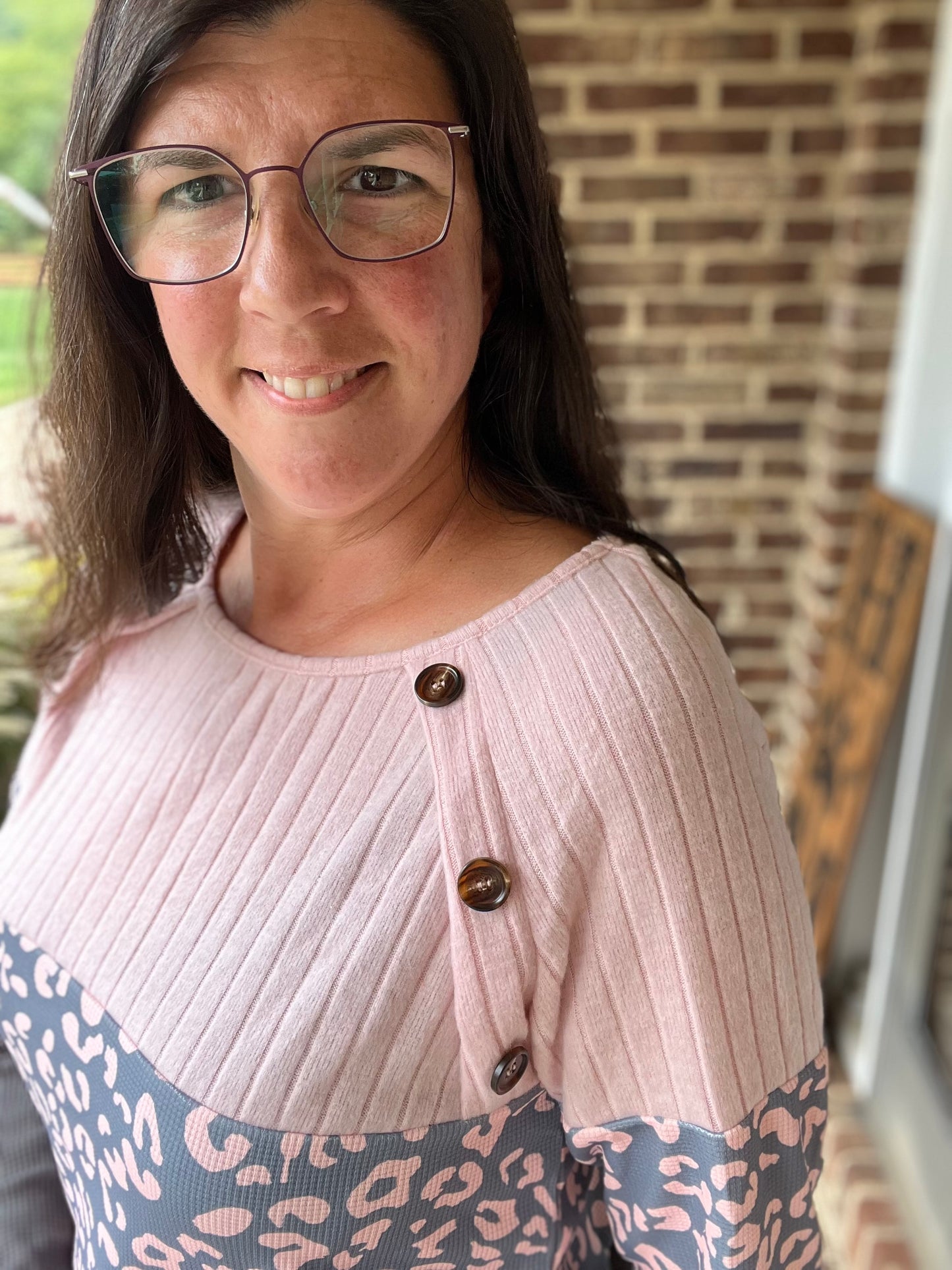 Leopard Grey & Pink Button Sweater