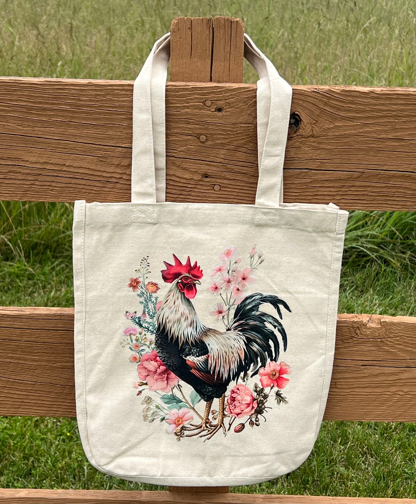 Chicken Lovers Rooster Floral Canvas Tote