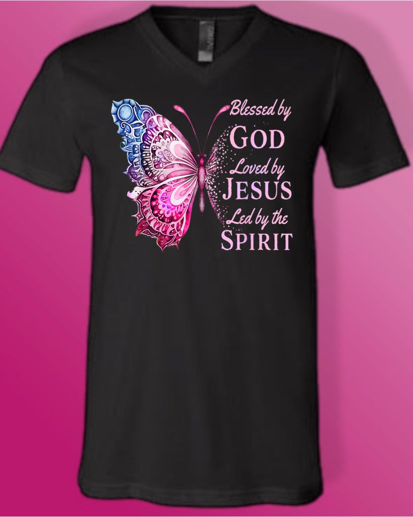 Butterfly V-Neck Blessed By God T-Shirt
