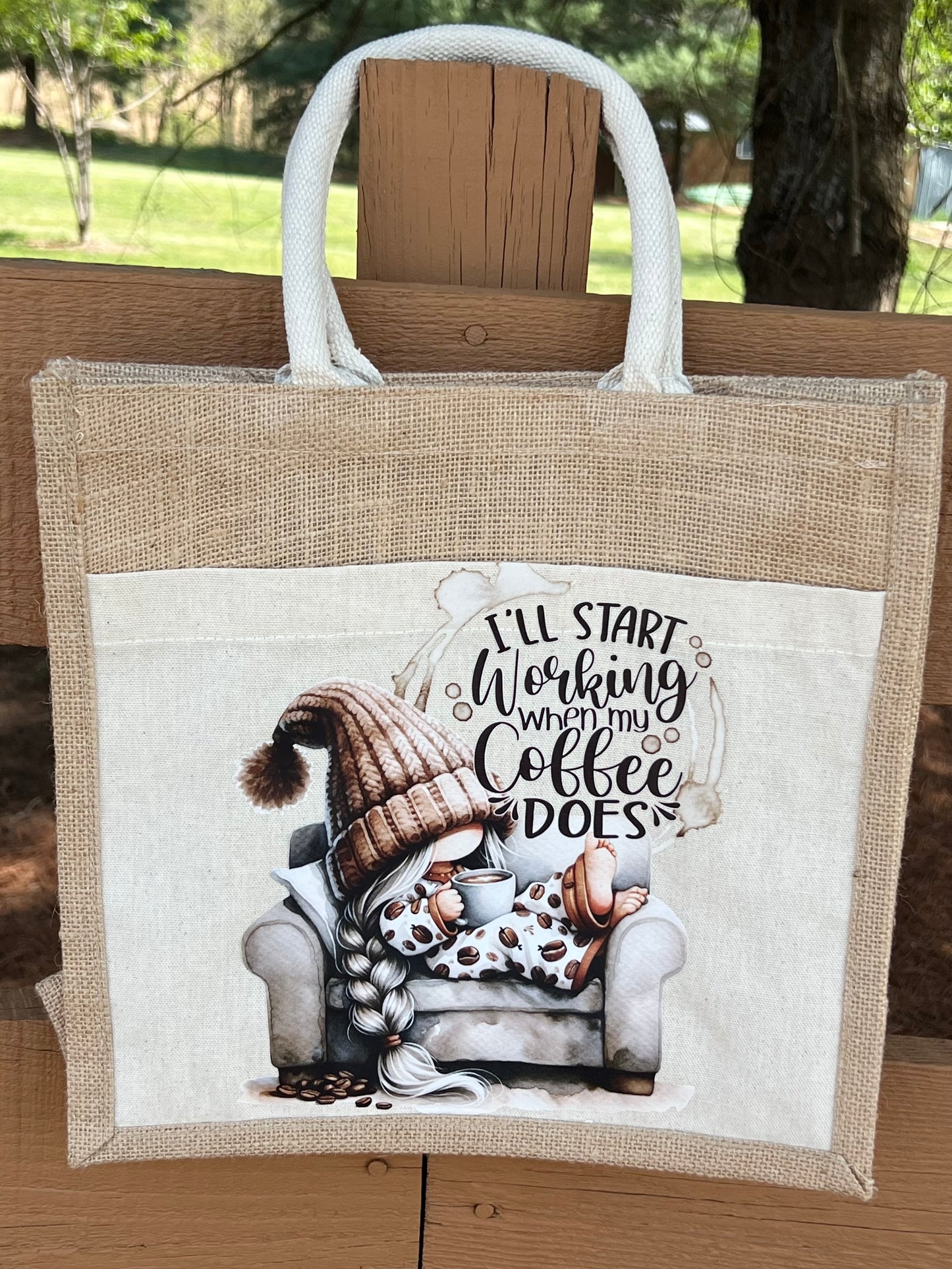 Custom Made Gnome Coffee Jute & Canvas Tote