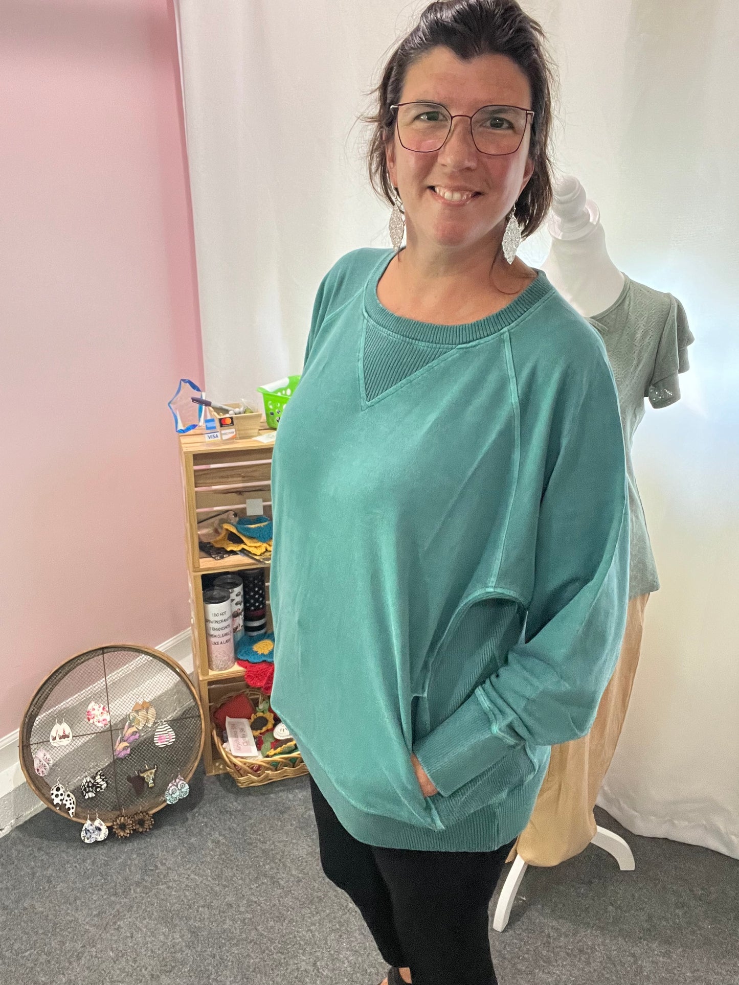 Zenana French Terry Pullover w/ POCKETS Teal