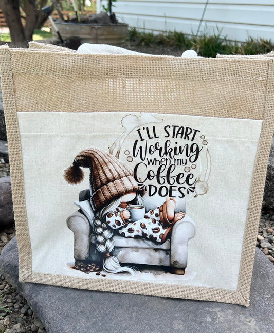 Custom Made Gnome Coffee Jute & Canvas Tote