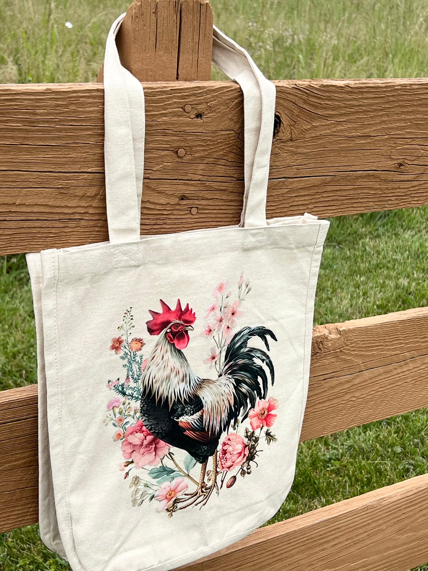 Chicken Lovers Rooster Floral Canvas Tote