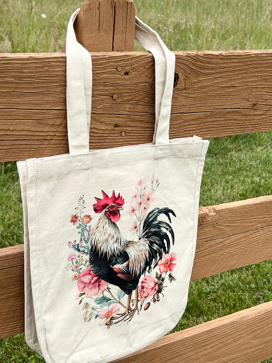 Chicken Lovers Rooster Floral Canvas Tote