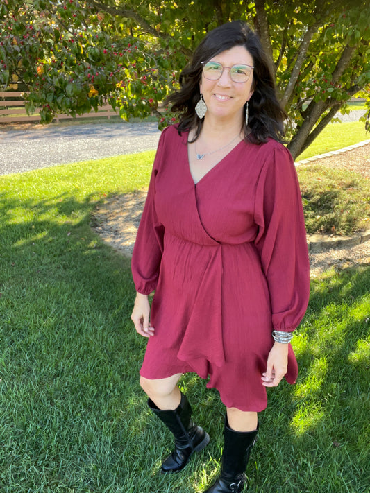 Faux Wrap Merlot Red Long Sleeve Dress