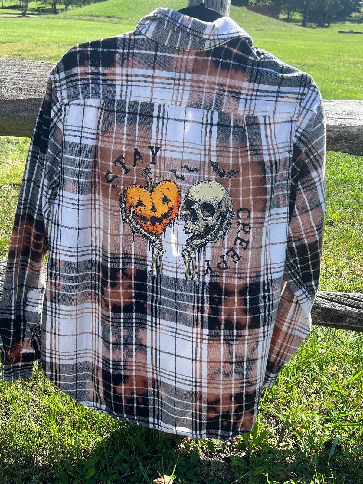 Upcycled Flannel - Stay Creepy Bleach Art