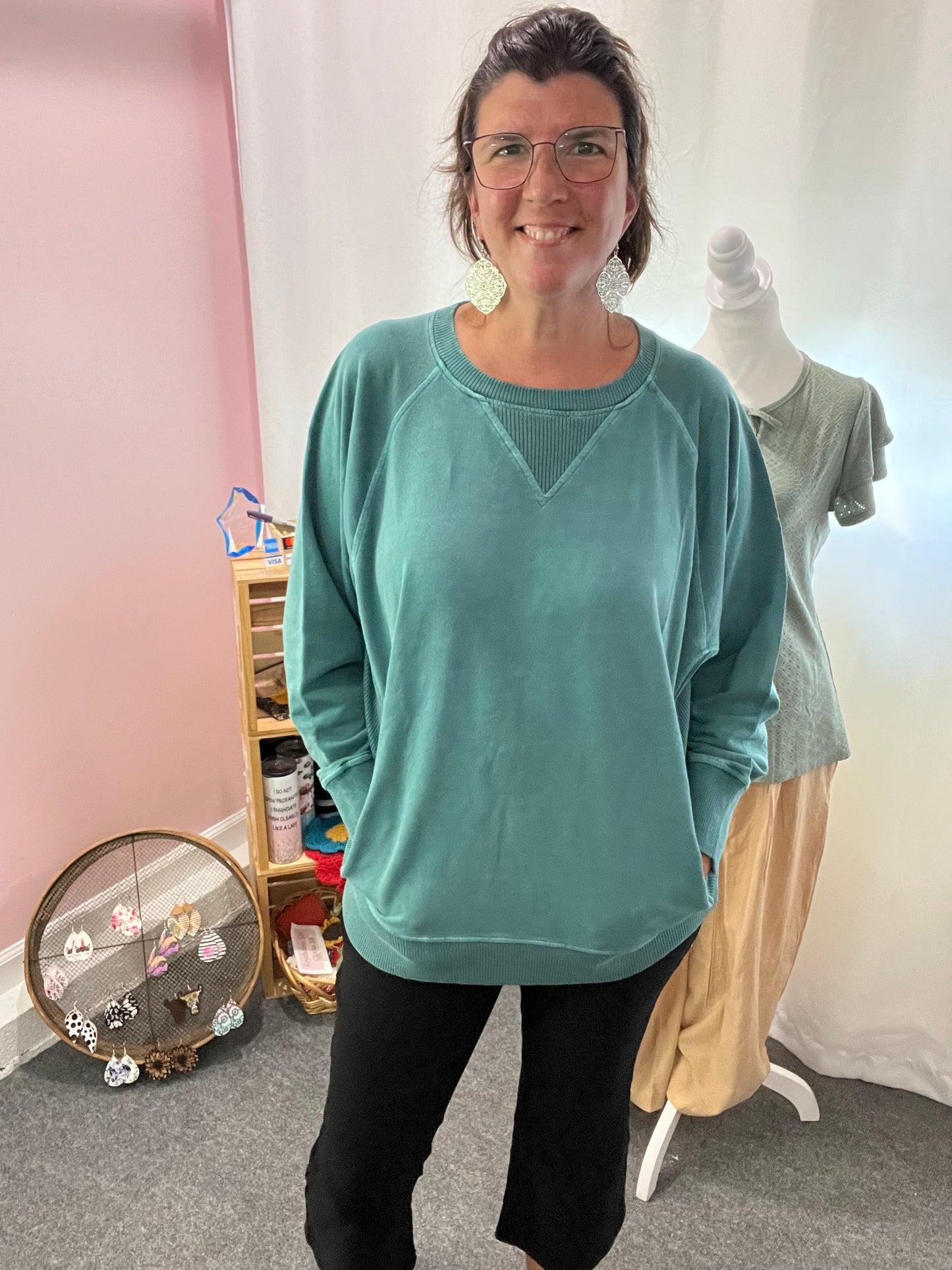 Zenana French Terry Pullover w/ POCKETS Teal