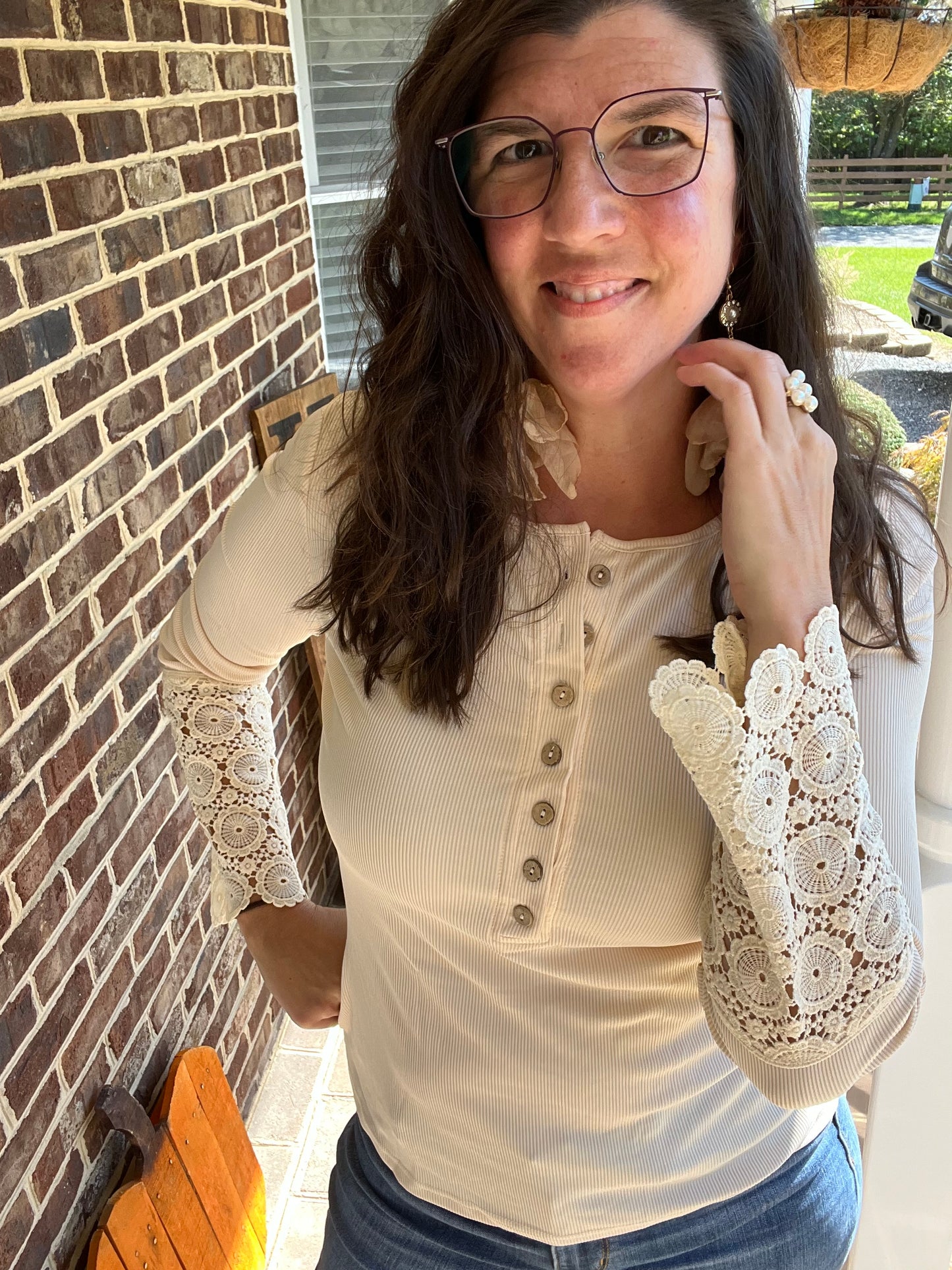 Lace Sleeve Button Front Top