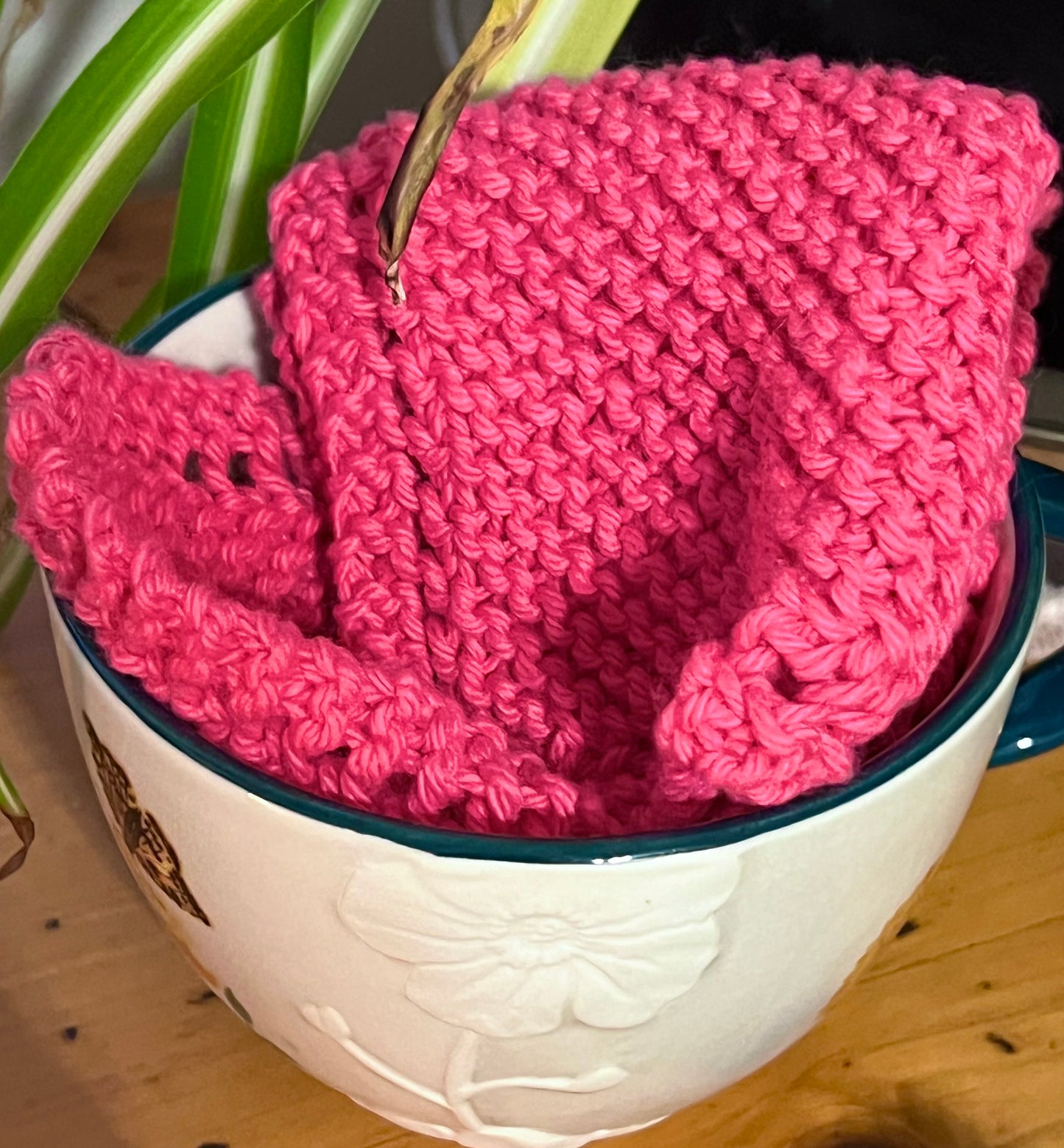 Deep Pink 100% Cotton Hand Knit Dish Cloth