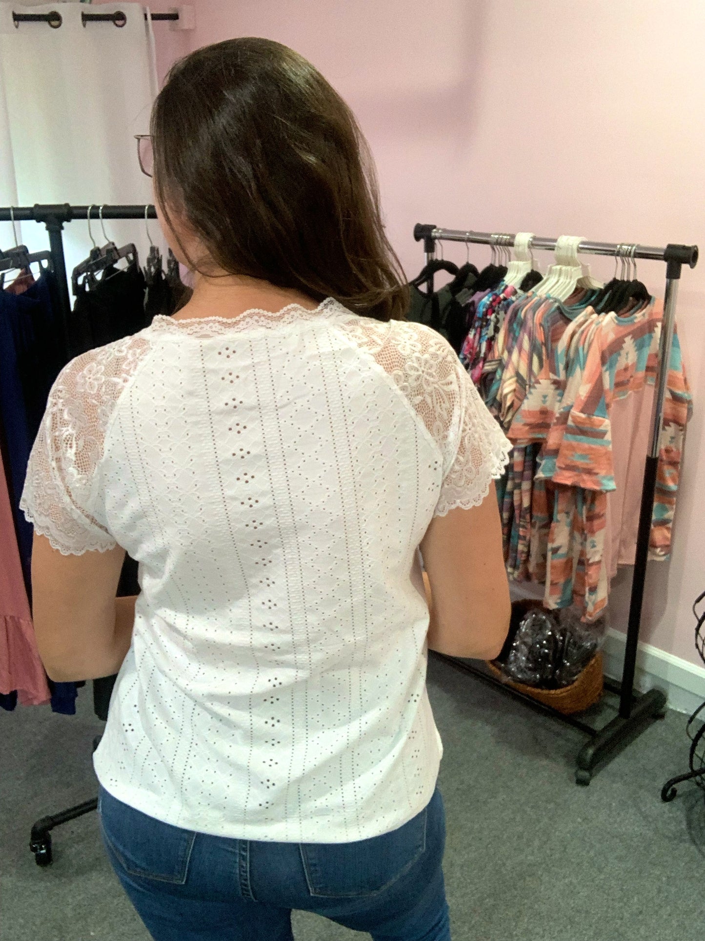Lace Pointelle V neck Romantic Top