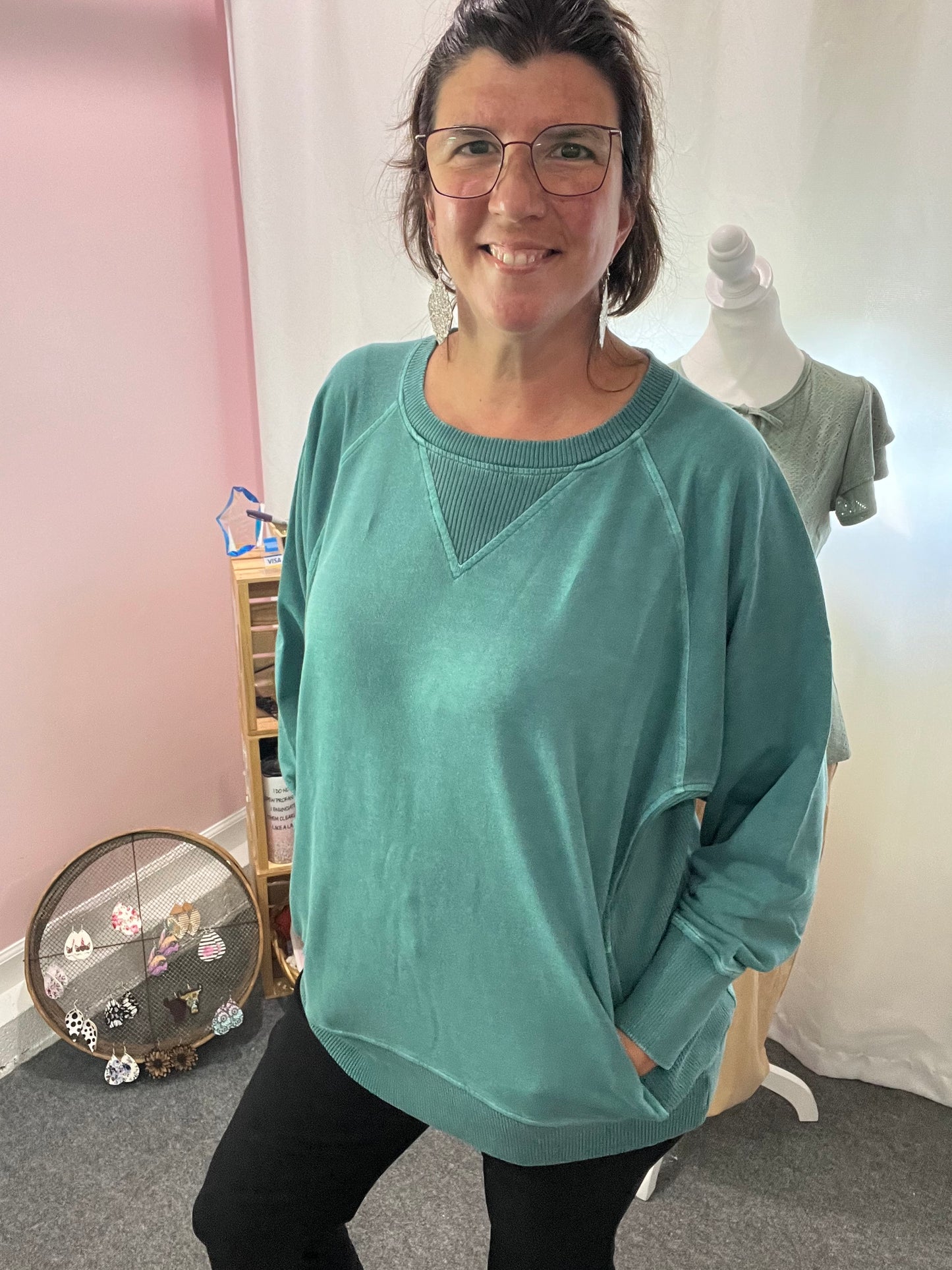Zenana French Terry Pullover w/ POCKETS Teal