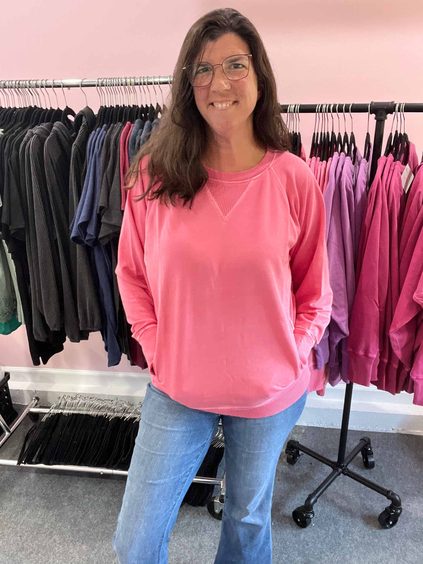 Zenana French Terry Pink Pullover Sweatshirt