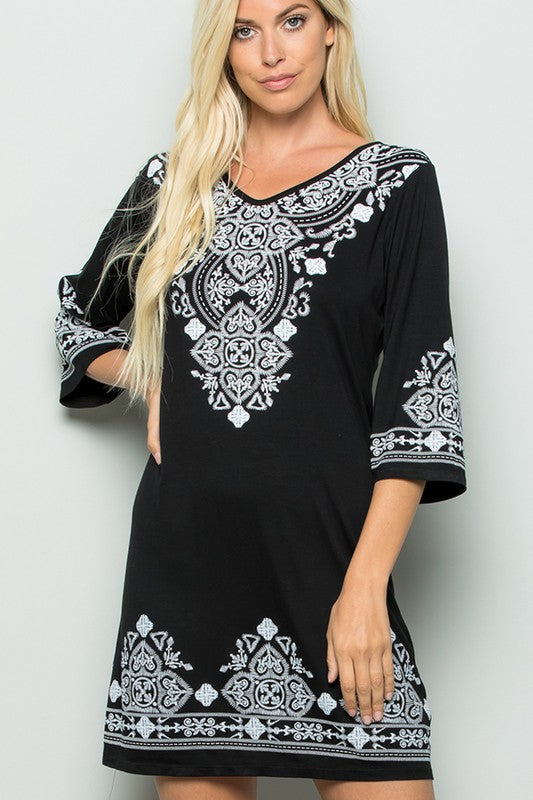 Black & White Damask 3/4 Sleeve Dress