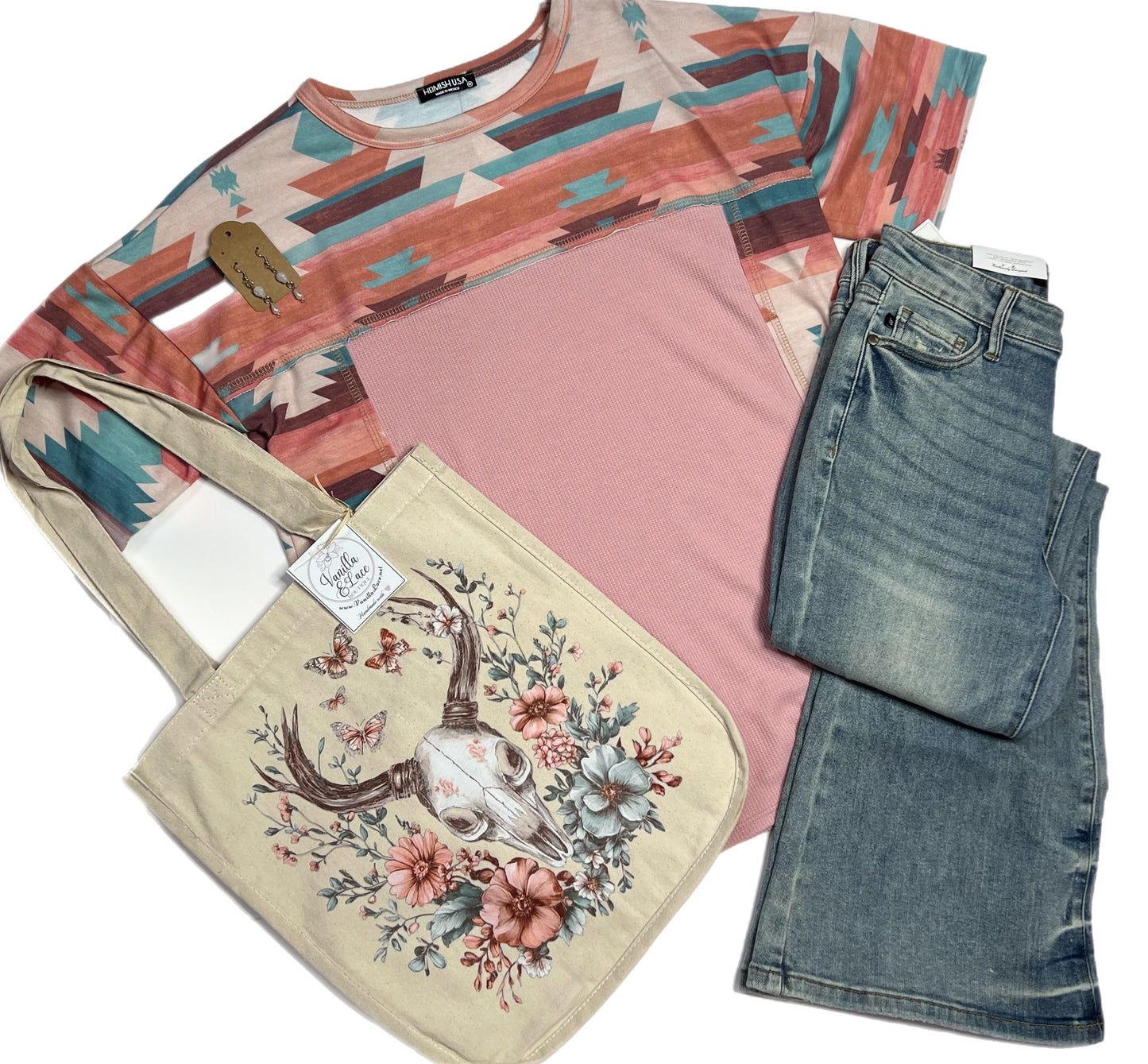 Customized Canvas Tote - Boho Floral Bull Skull Design