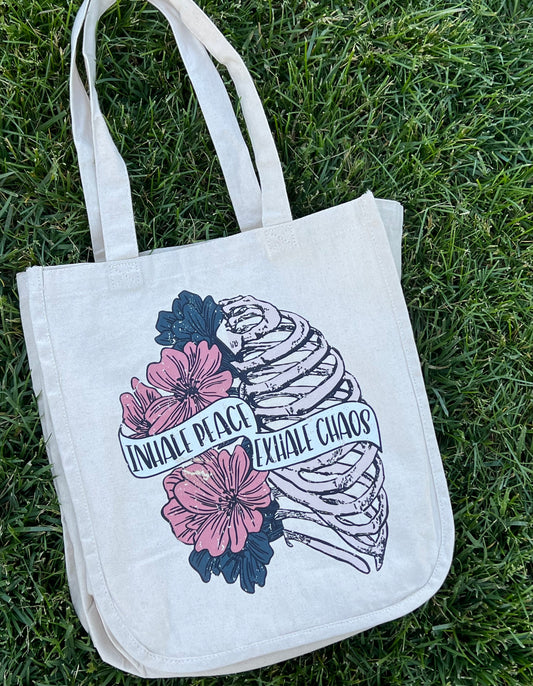 Customized Canvas Tote - Inhale Peach Exhale Chaos - Floral Rib Cage Design