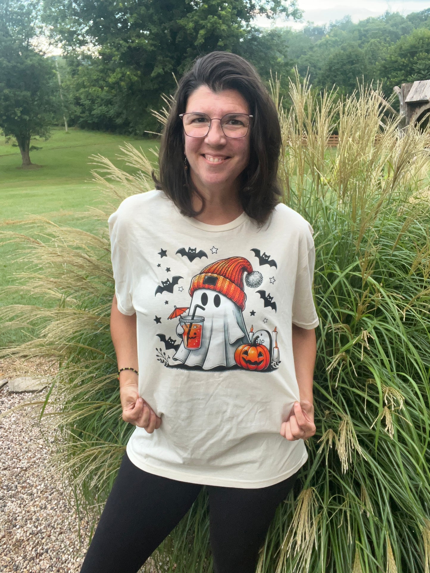 Coffee Drinking Halloween Ghost Handmade T-Shirt