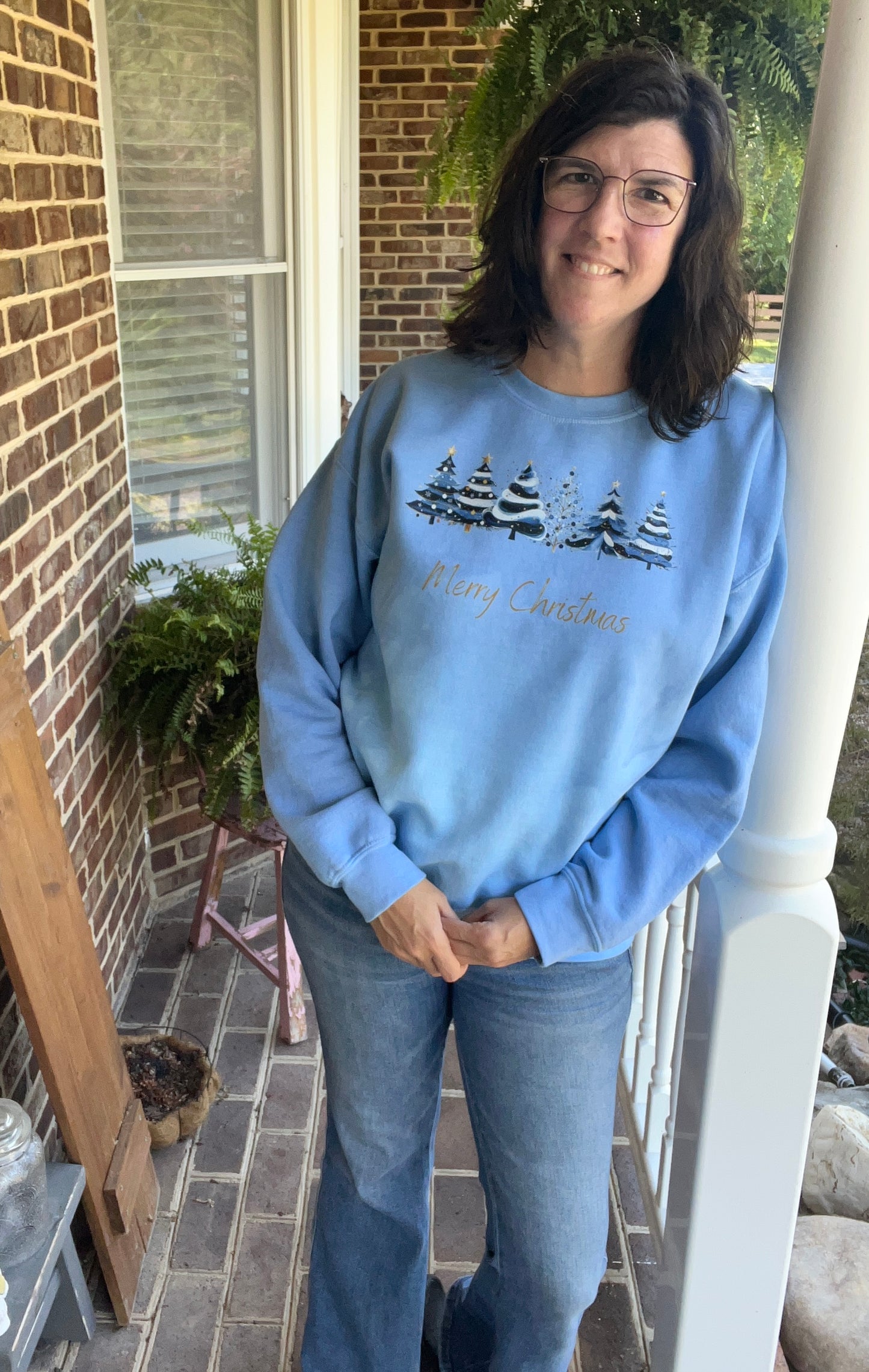 Christmas Sweatshirt- Hand Dyed - Merry Christmas w/ Blue Trees