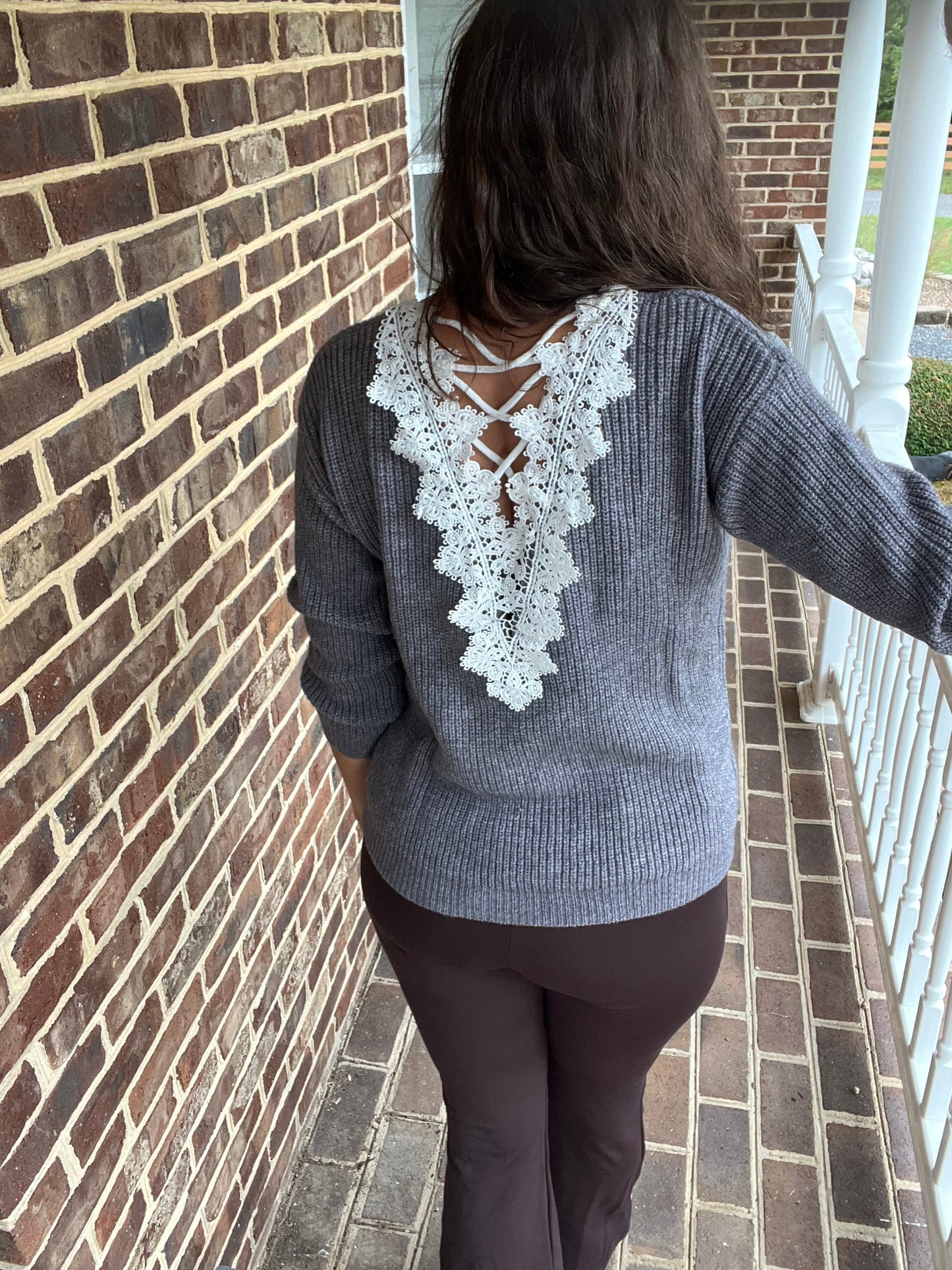 Crisscross Lace V-Neck Long Sleeve Sweater
