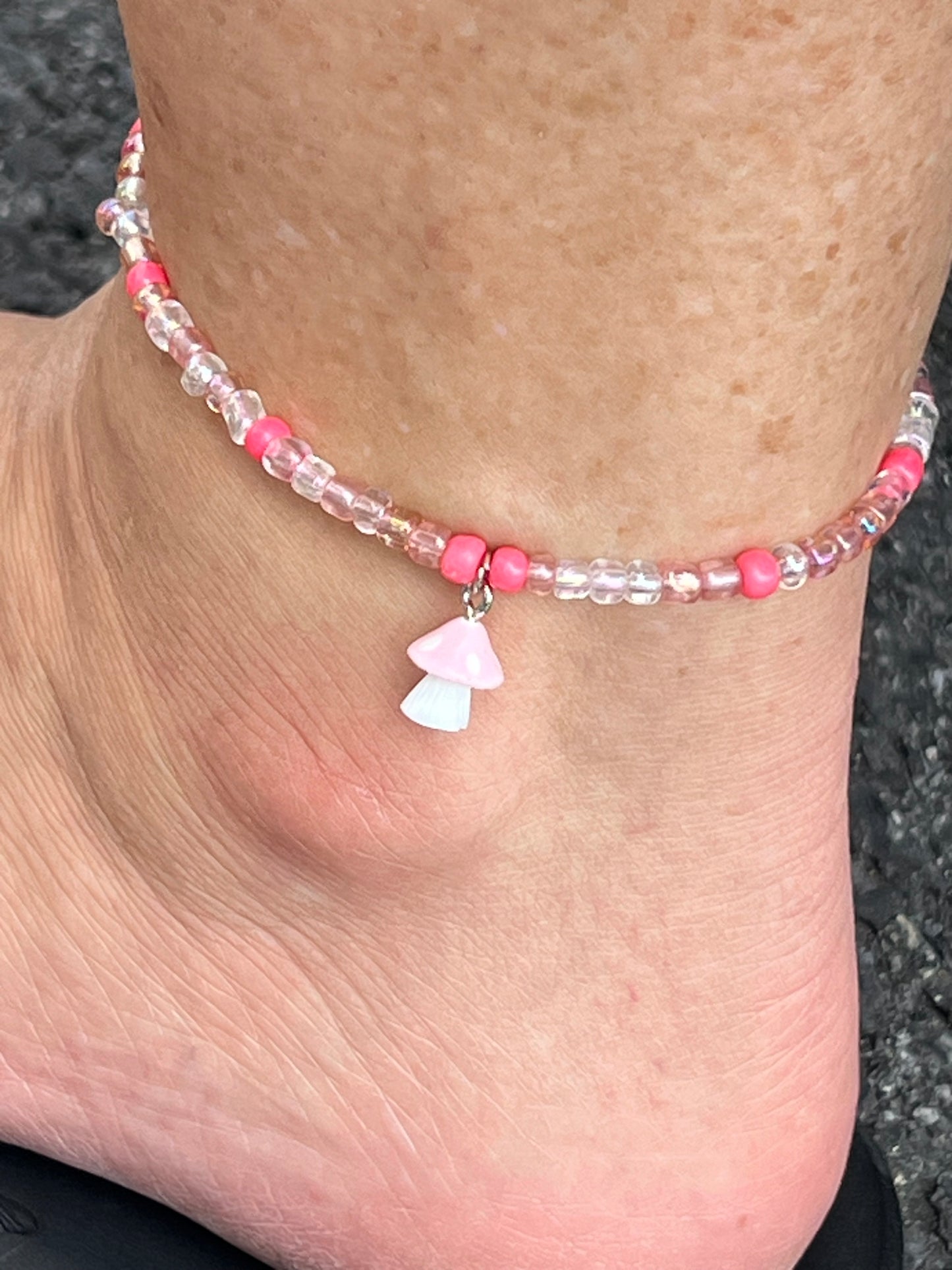 Handmade Pink & White Mushroom Anklet - Medium