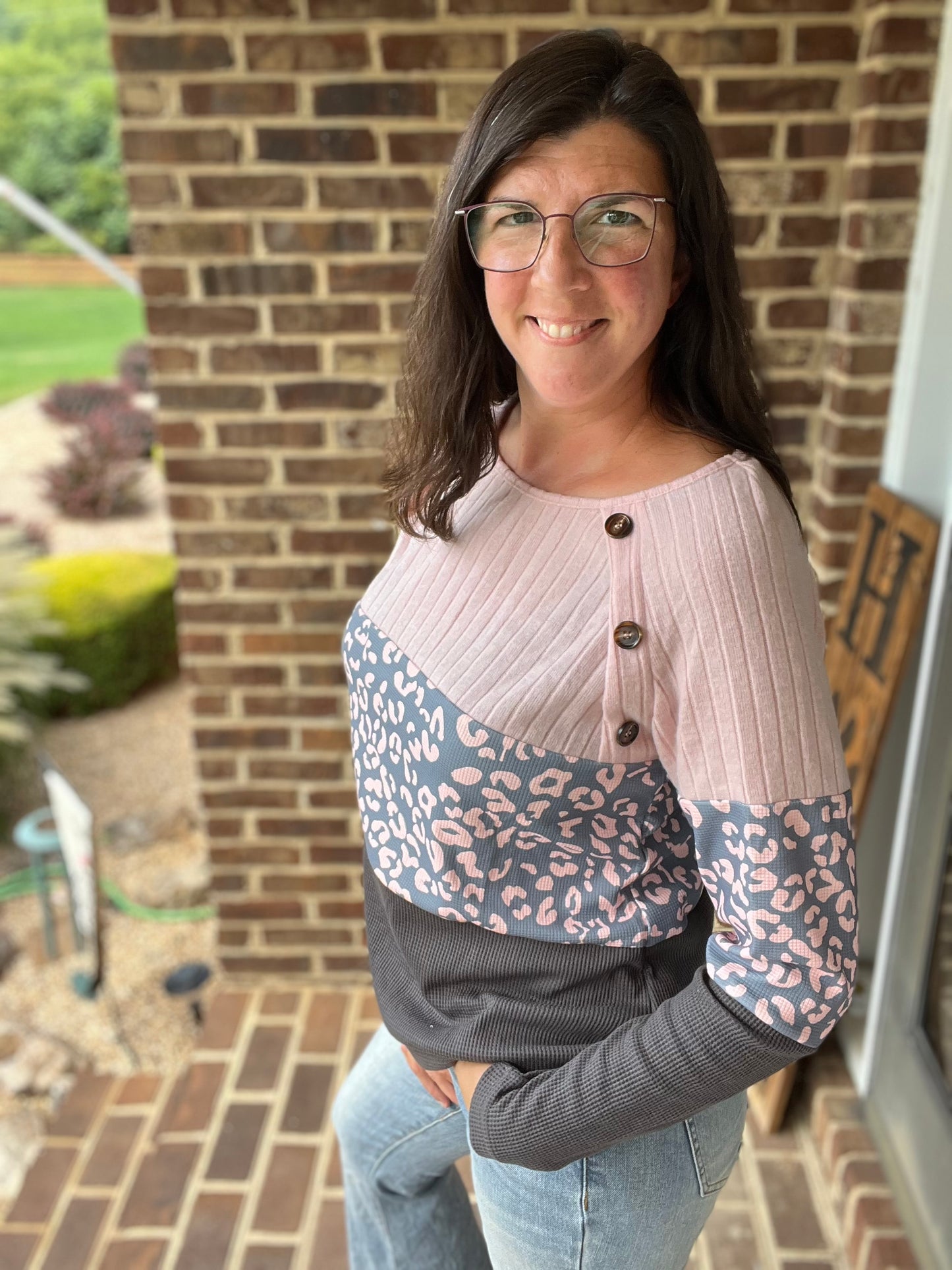 Leopard Grey & Pink Button Sweater