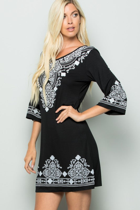 Black & White Damask 3/4 Sleeve Dress
