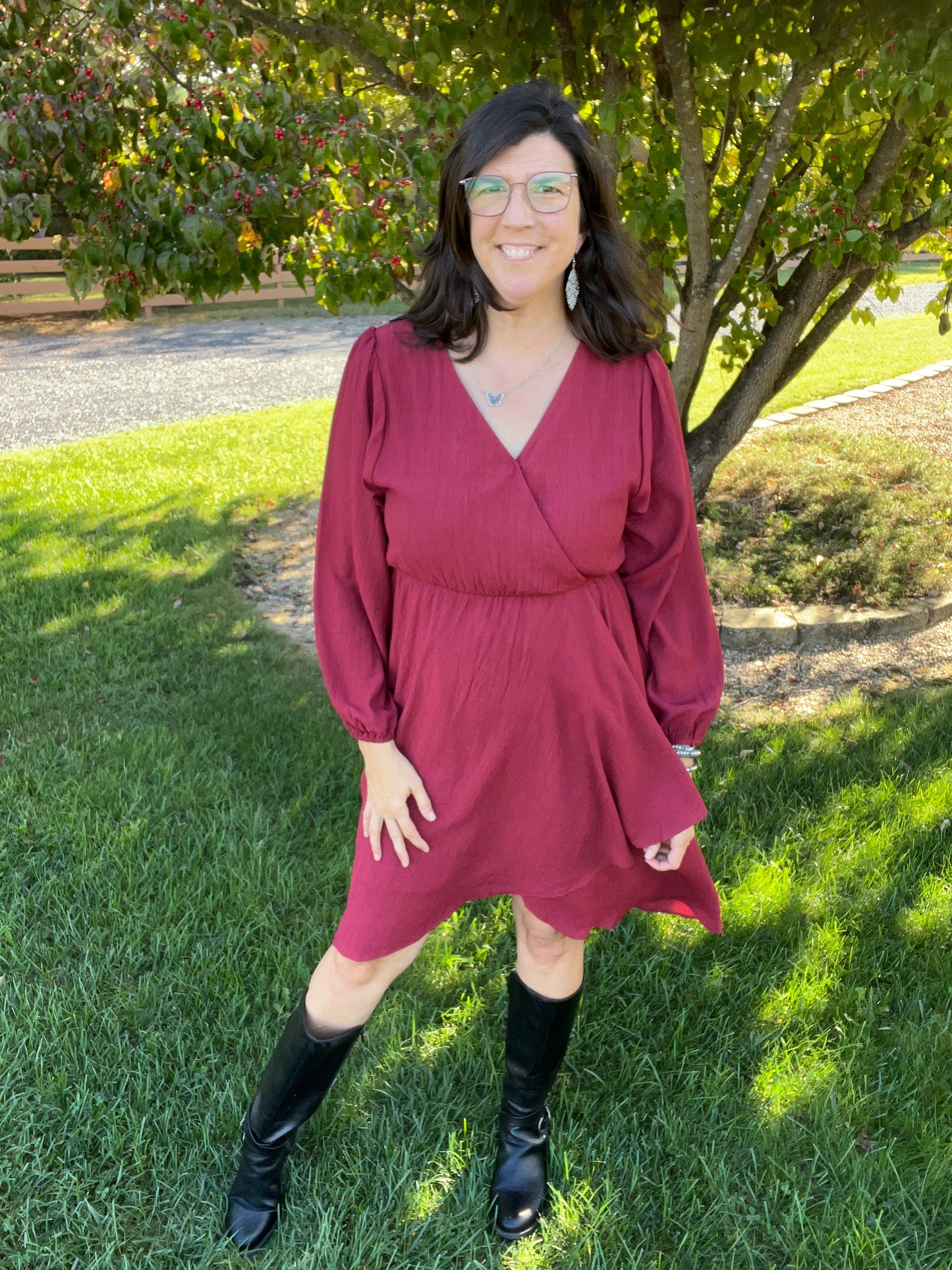 Faux Wrap Merlot Red Long Sleeve Dress