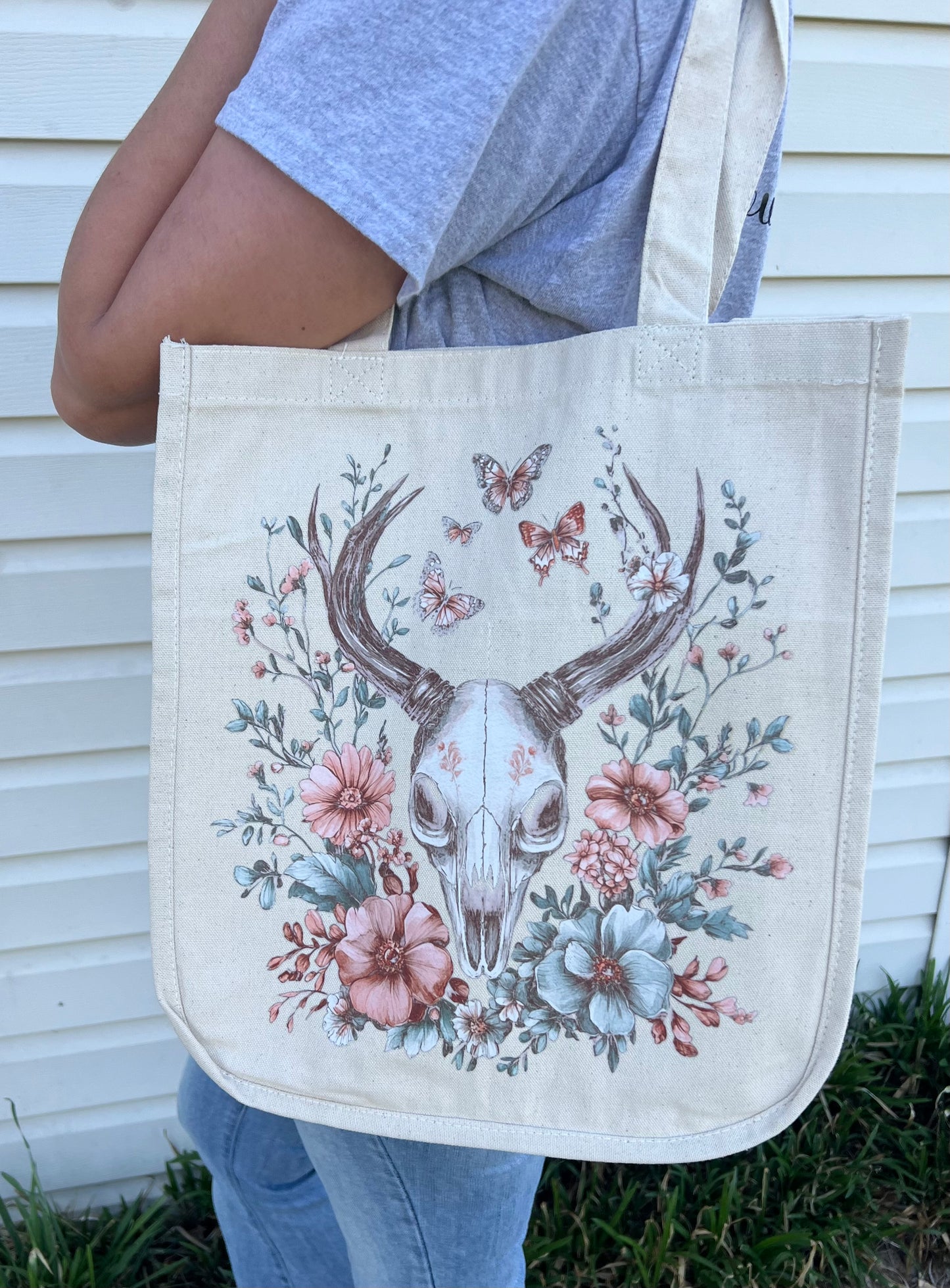 Customized Canvas Tote - Boho Floral Bull Skull Design