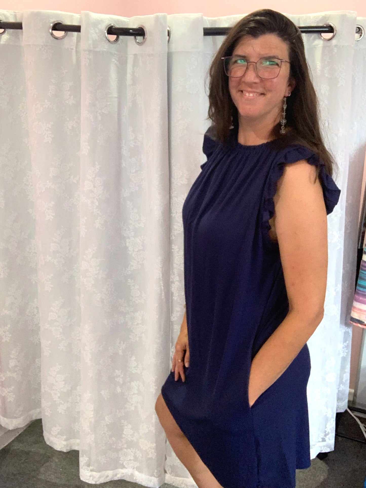 Navy Flutter Sleeve Dress In Stock